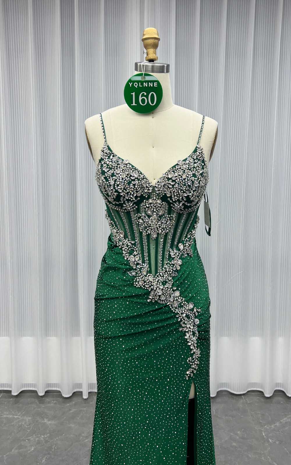 YQLNNE 0160 Dark Green Crystals Beaded Long Prom Dress Lace-up
