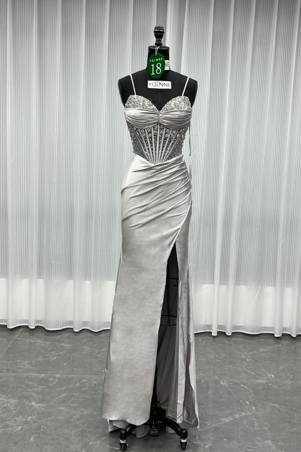 YQLNNE 018 Black Crystals Slit Prom Dresses Long Satin Evening Gown Lace-up