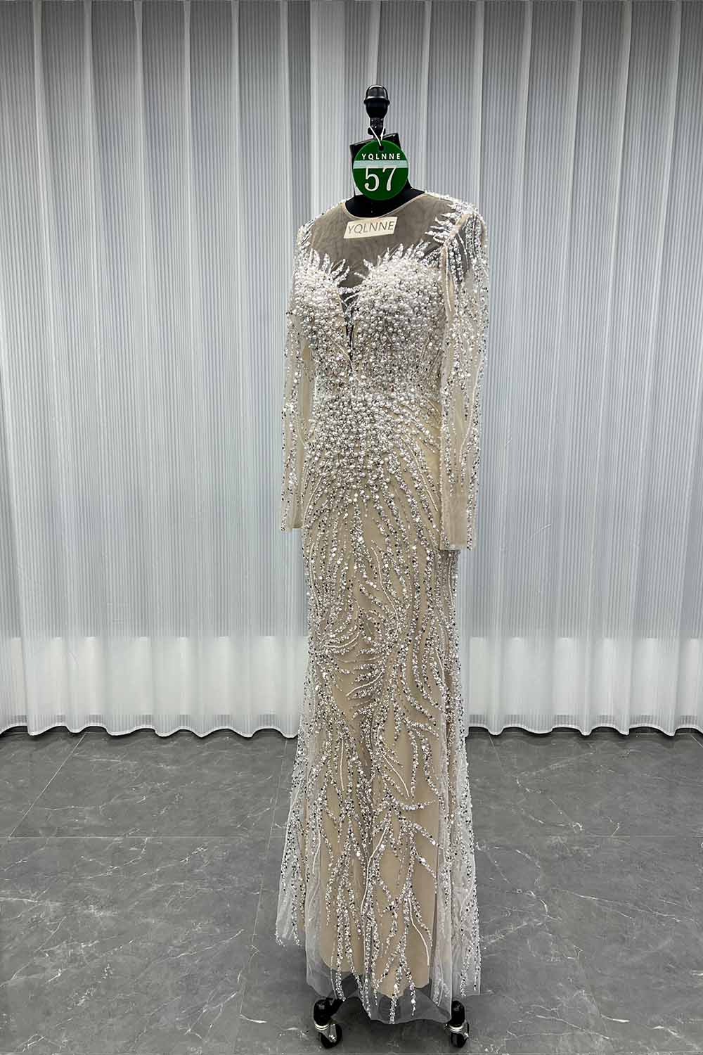 YQLNNE 057 Modest White Pearls Long Sleeves Evening Dress Wedding Party Gown