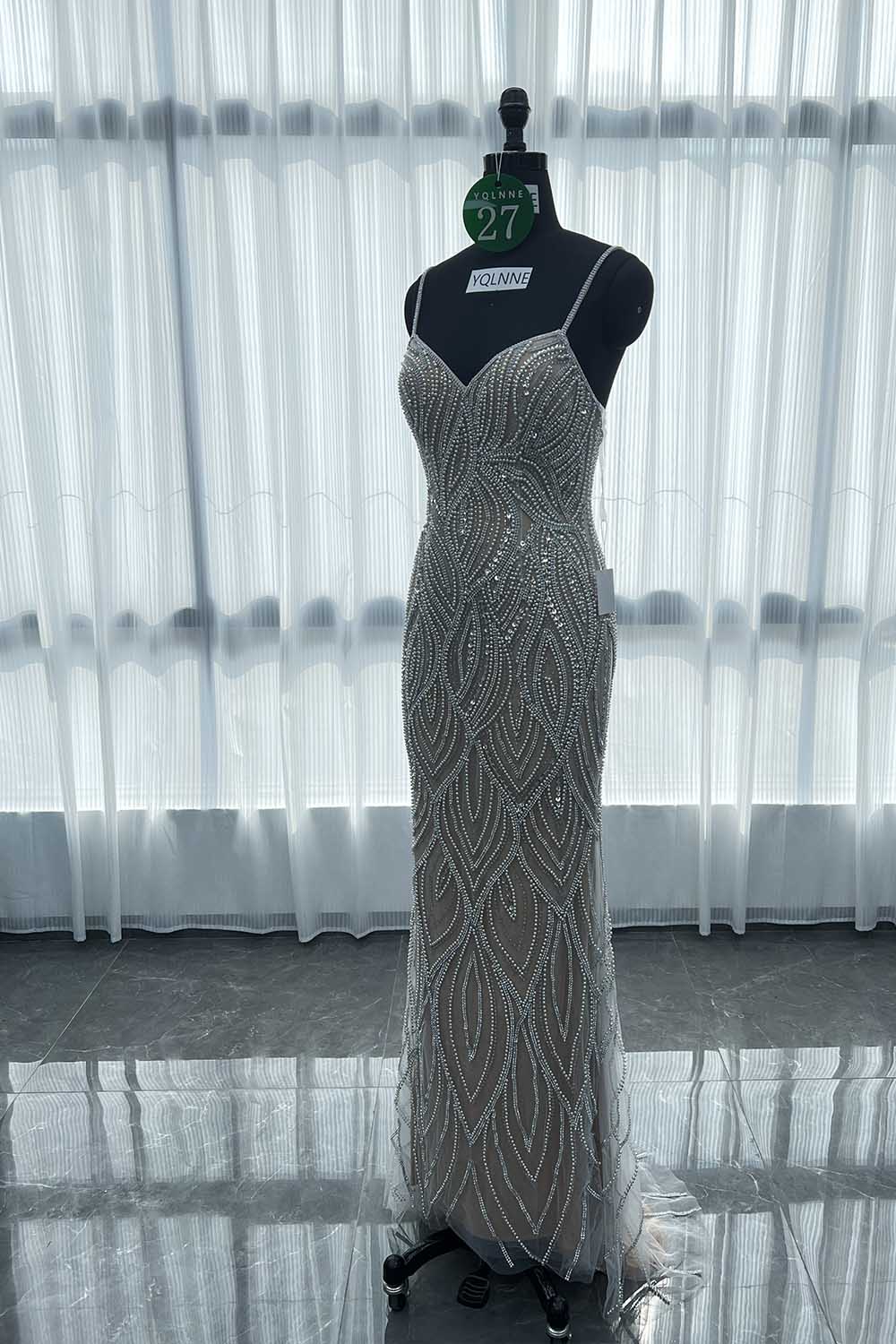 YQLNNE 027 Silver Nude Crystals Pearls Evening Dress Long Mermaid Prom Party Gown