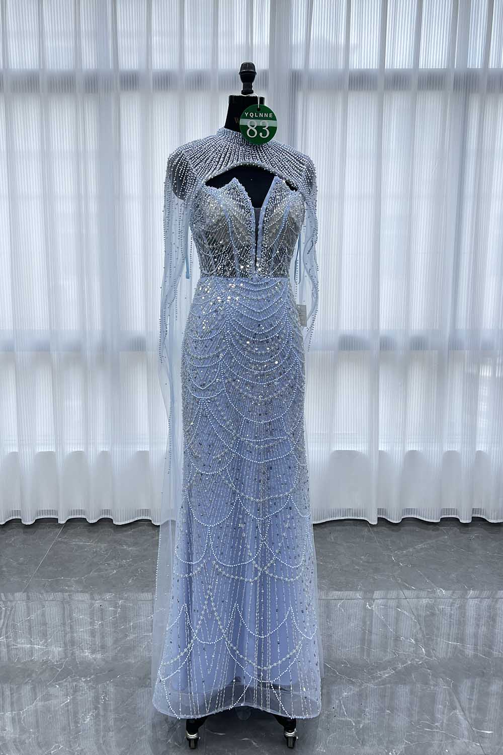 YQLNNE 083 Champagne Beading Long Evening Dress With Removable Shawl