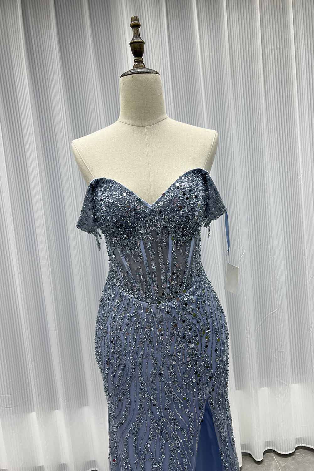 YQLNNE 08 Sliver Off The Shoulder Long Prom Dresses Slit Sequined Beaded Women Party Dress