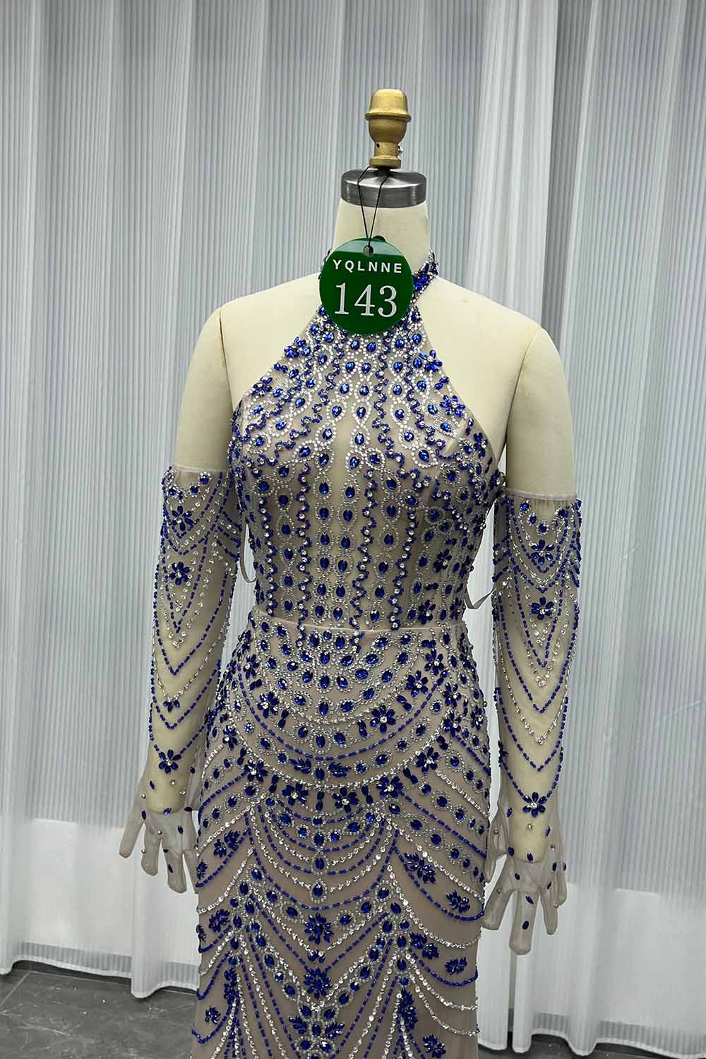 YQLNNE 0143 Blue Crystals Halter Evening Dress Mermaid Beaded Gown