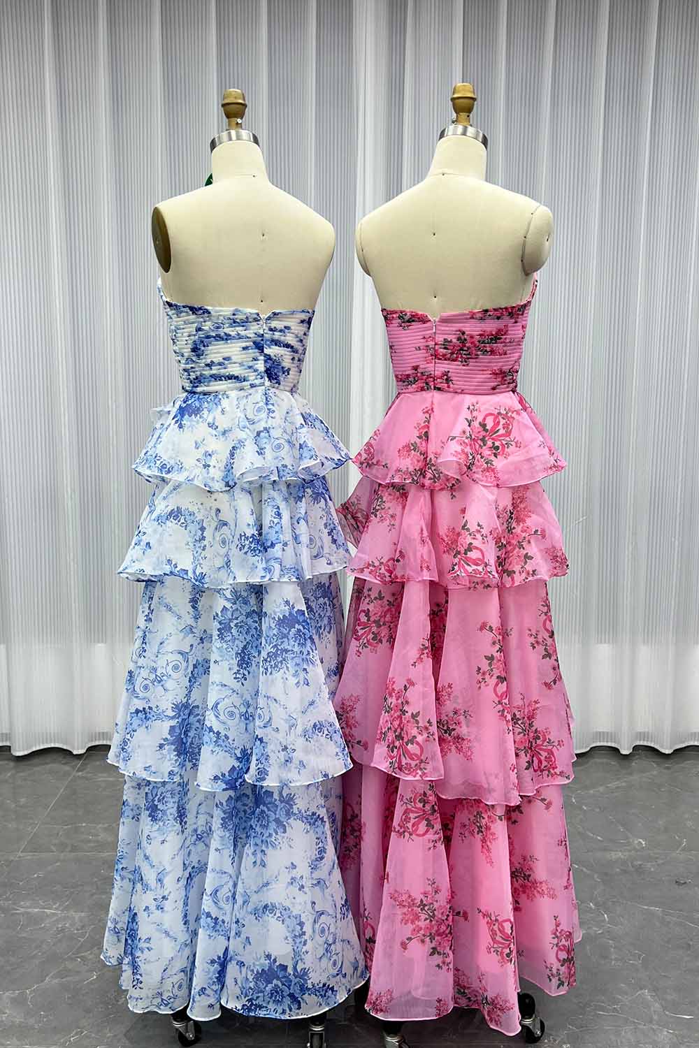YQLNNE 0110 Pink Print Flowers Prom Dress Strapless Long Party Gown