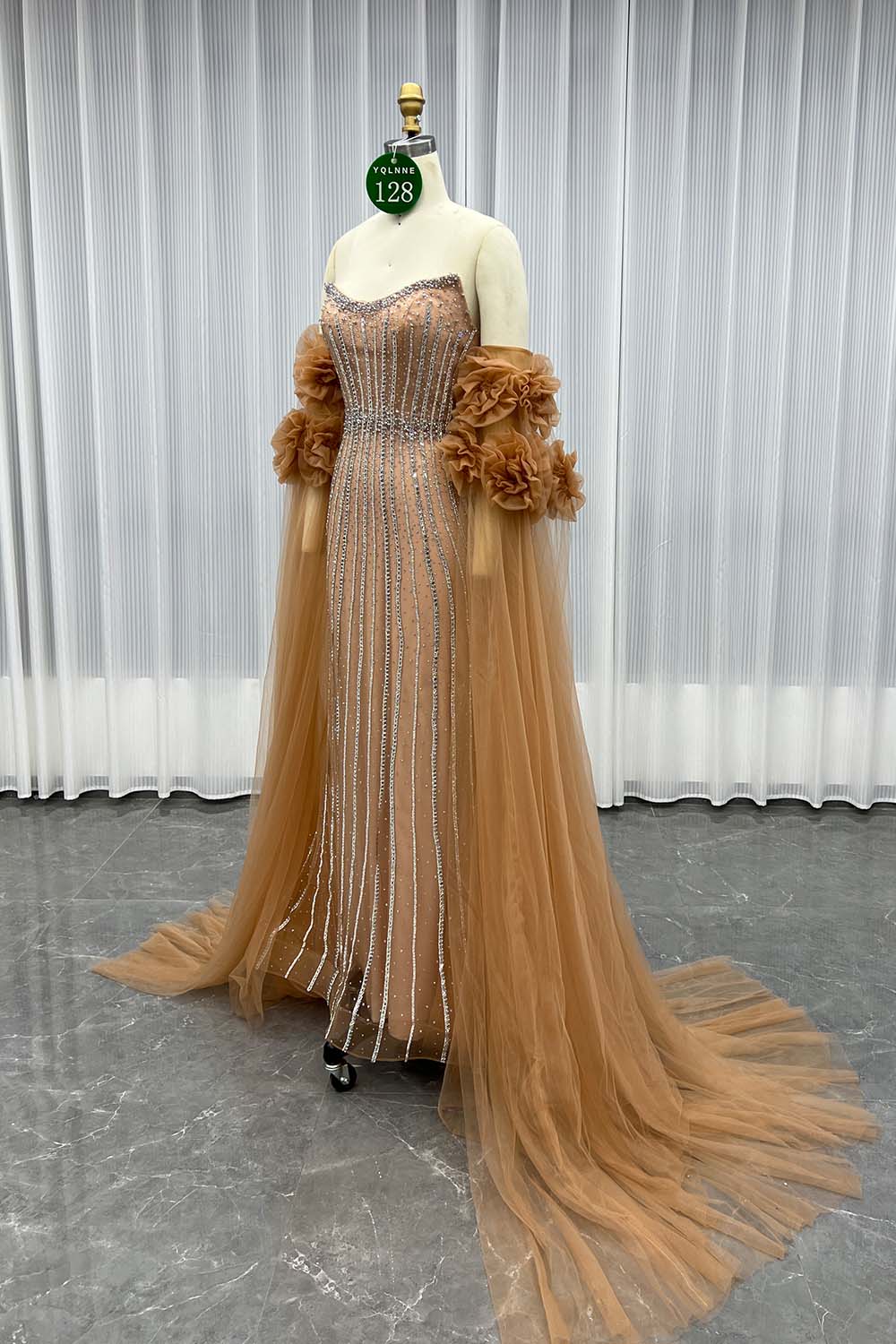 YQLNNE 0128 Luxury Orange Crystals Evening Party Gown With Removable Tulle Sleeves