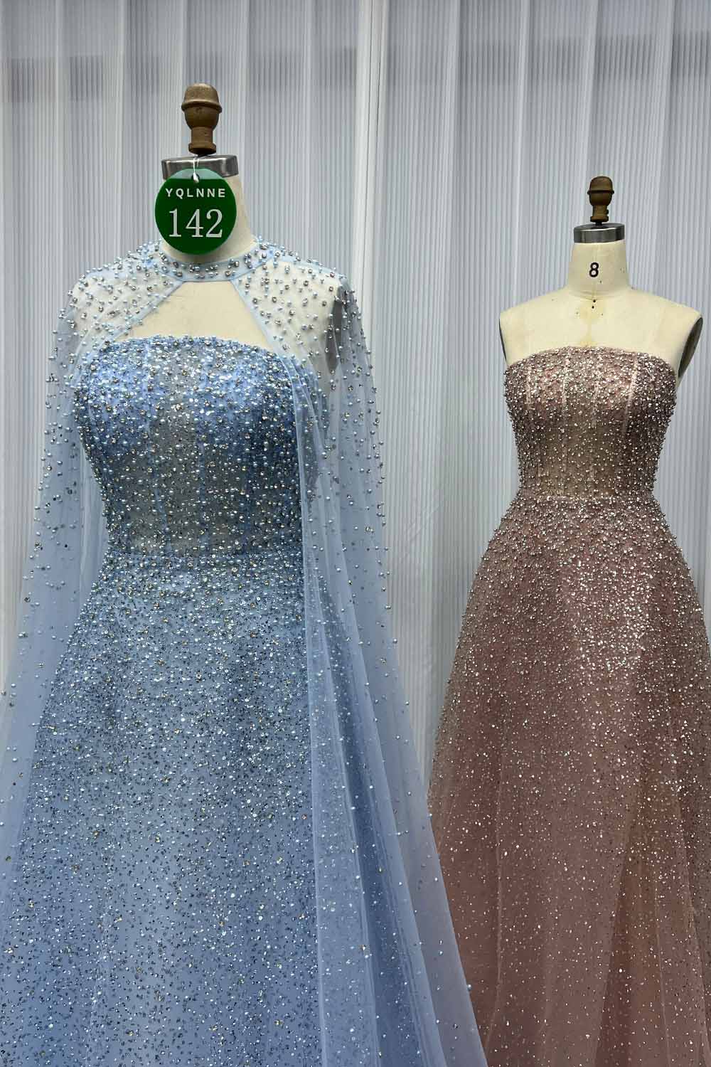 YQLNNE 0142 Rose Gold Ball Gown Evening Dress With Removable Cape Handmade Crystals Beaded