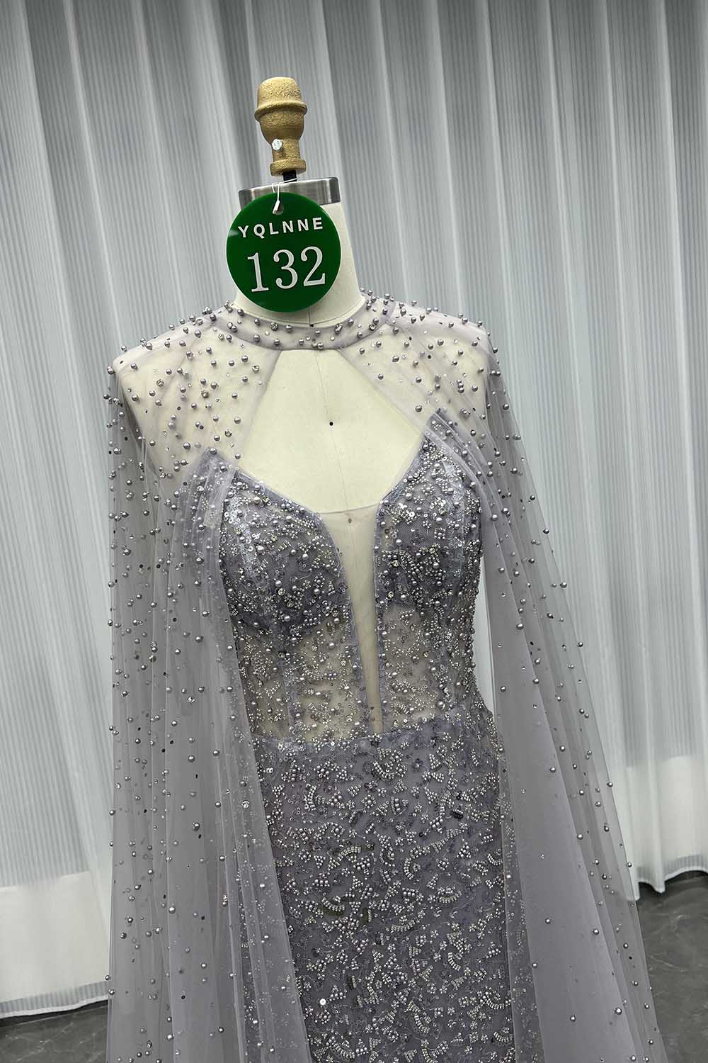 YQLNNE 0132 Dusty Lilac Pearls Beaded Evening Dress With Shawl