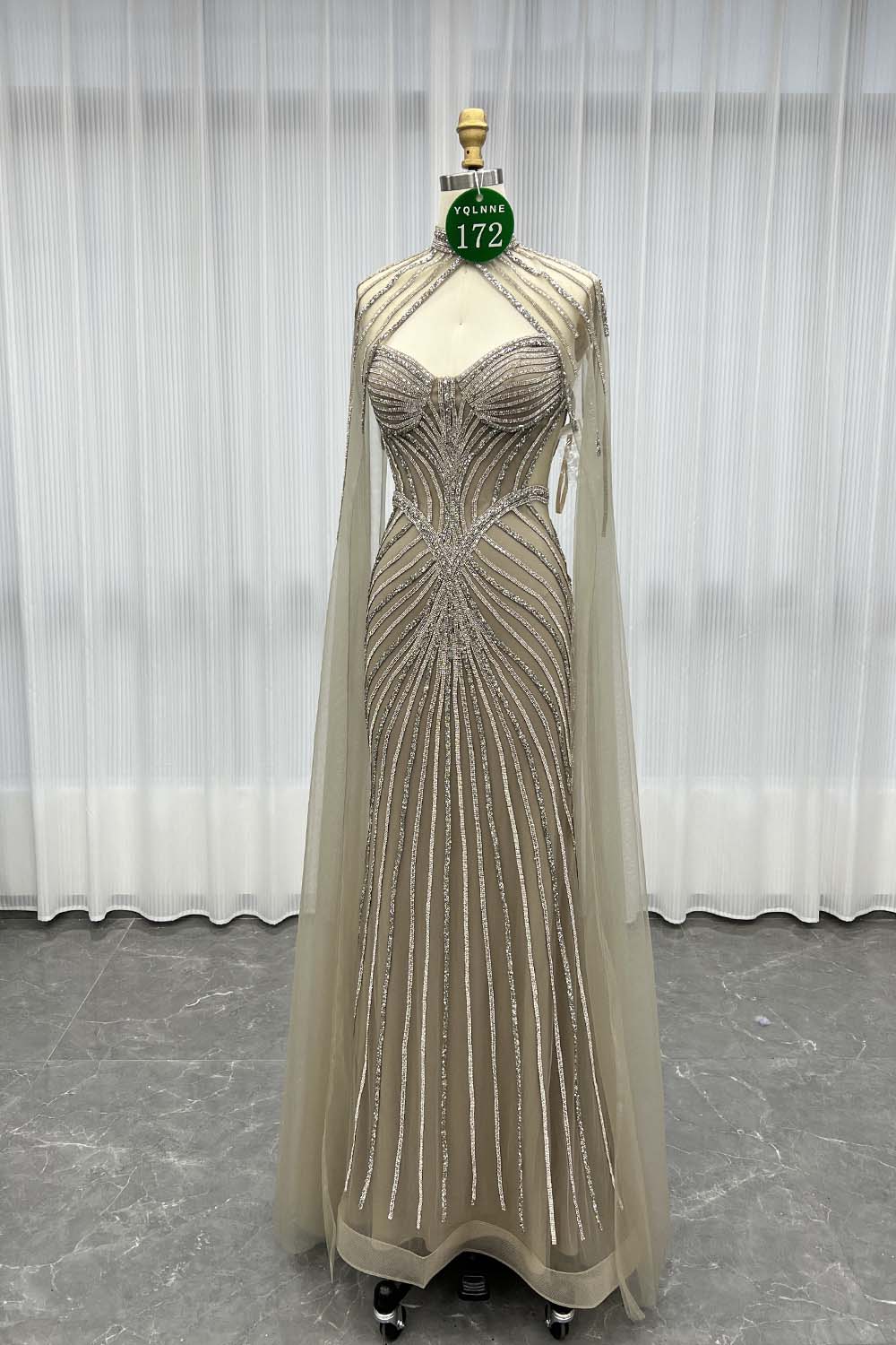 YQLNNE 0172 Blue Crystals Long Evening Dress With Shawl