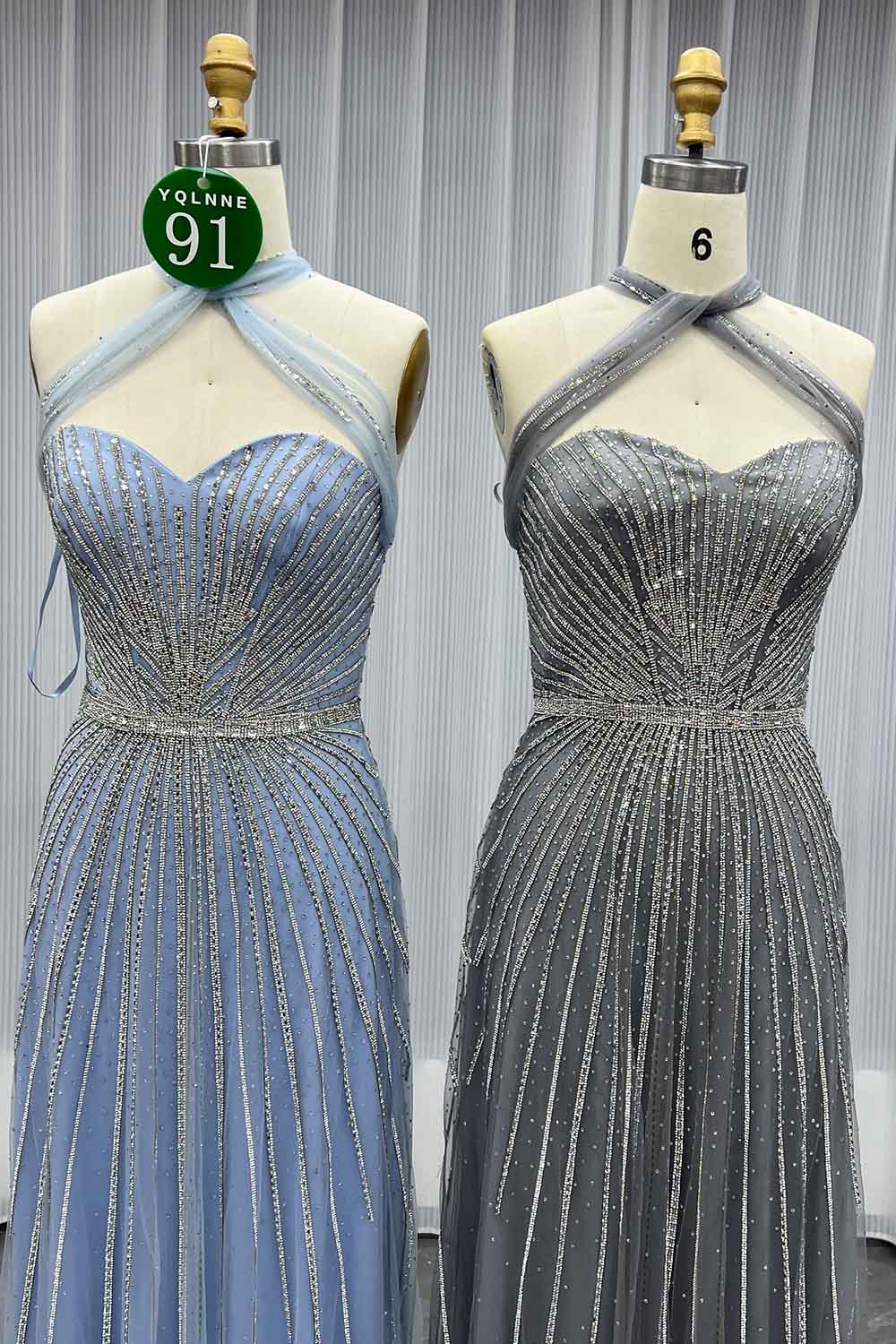 YQLNNE 091 Blue Crystals Long Prom Dress Halter