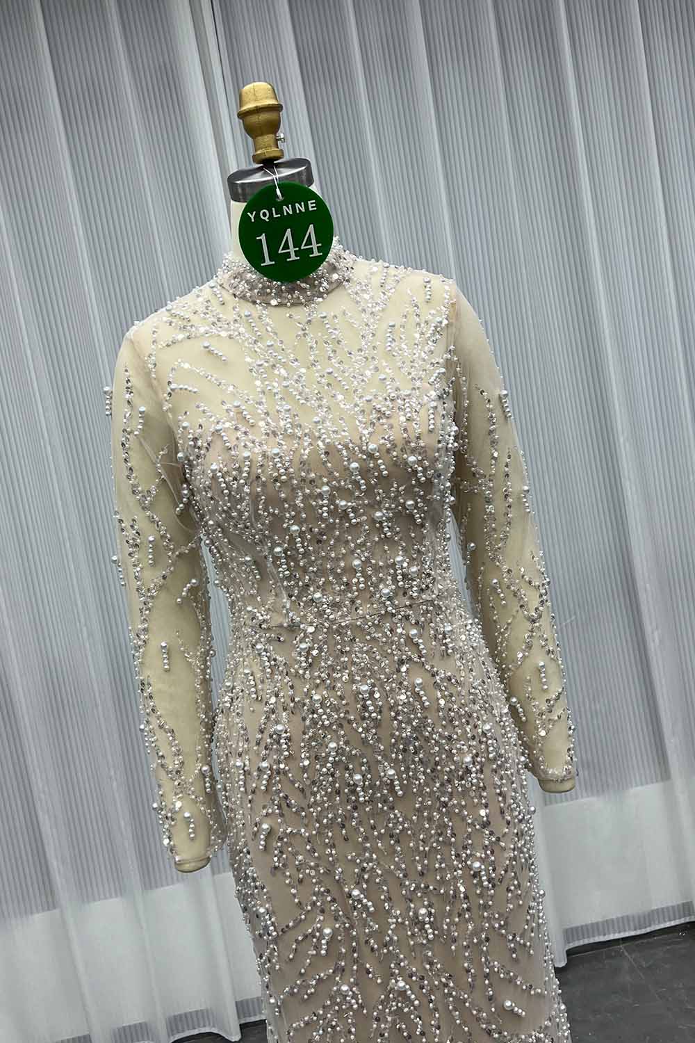 YQLNNE 0144 Modest Beige Full Sleeves Evening Dress High Collar Pearls Beaded Formal Gown