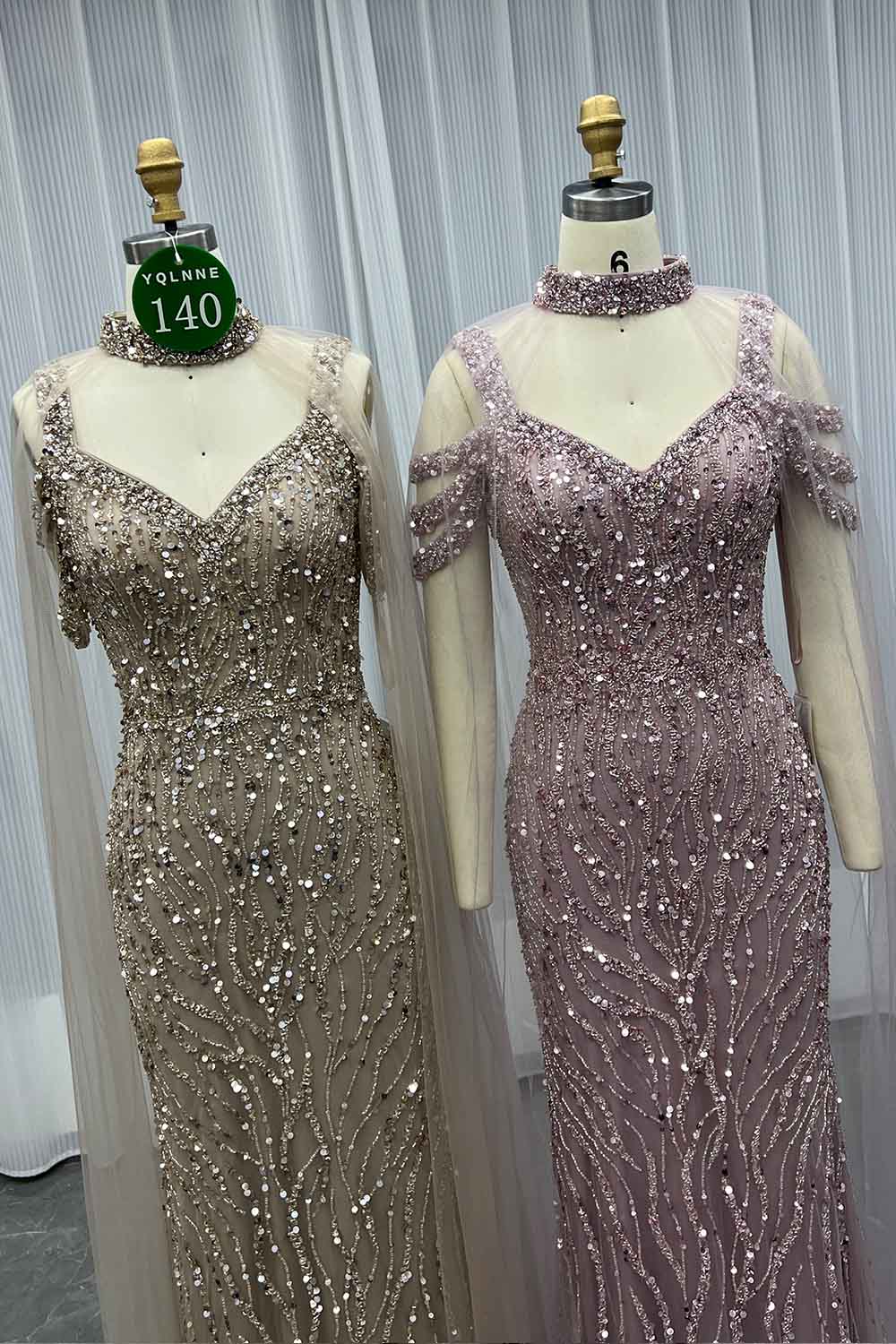 YQLNNE 0140 Nude Off Shoulder Crystals Beaded Evening Dress With Removable Shawl
