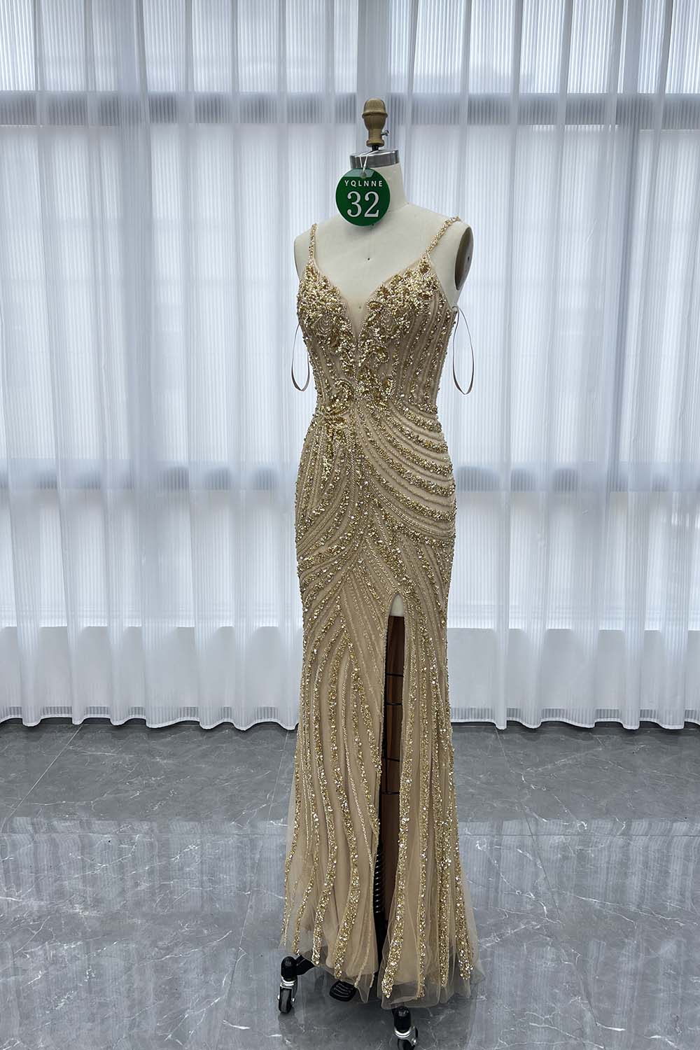 YQLNNE 032 Gold Long Evening Dress Mermaid Handmade Crystals Beaded