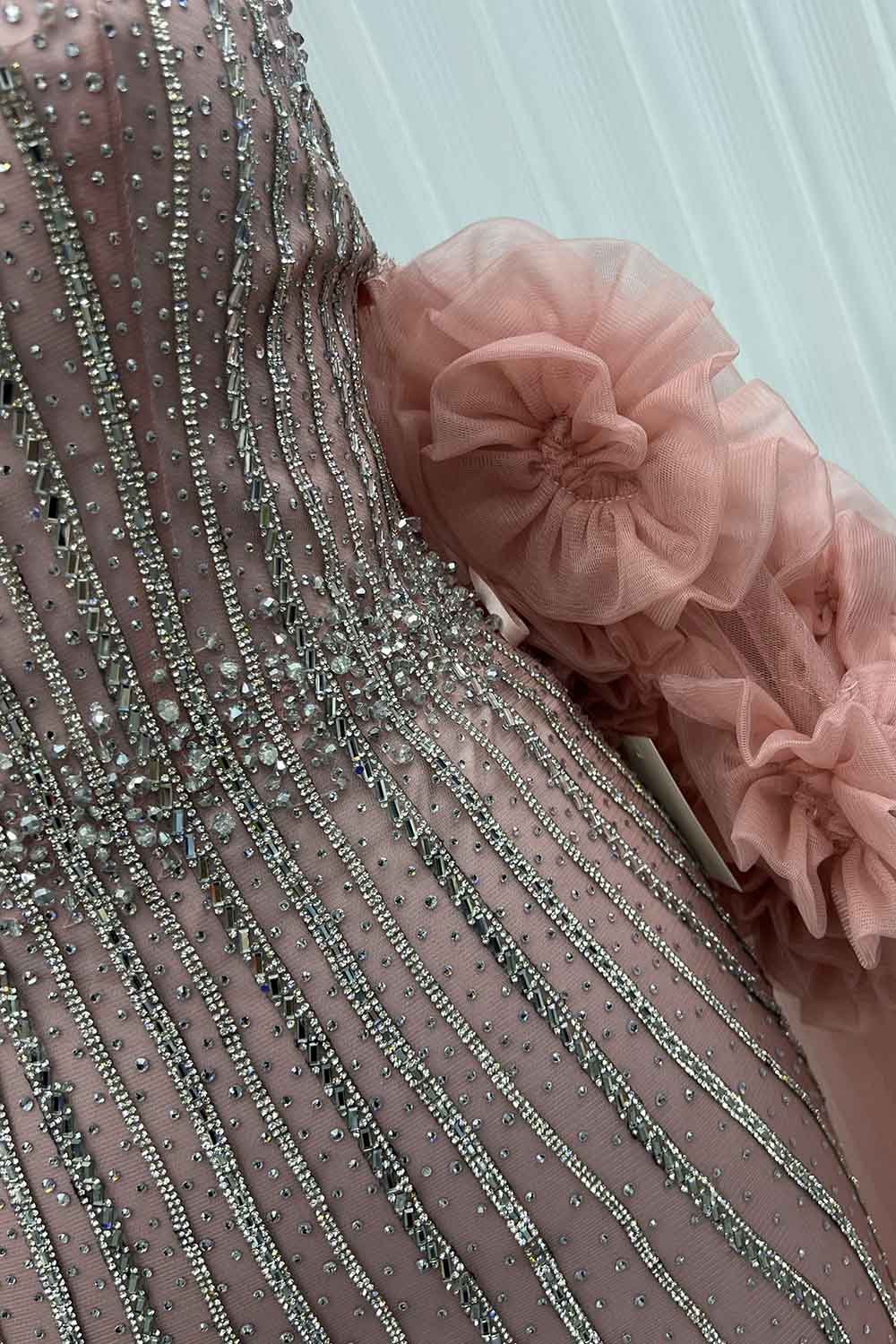 YQLNNE 0128 Luxury Pink Crystals Evening Party Gown With Removable Tulle Sleeves