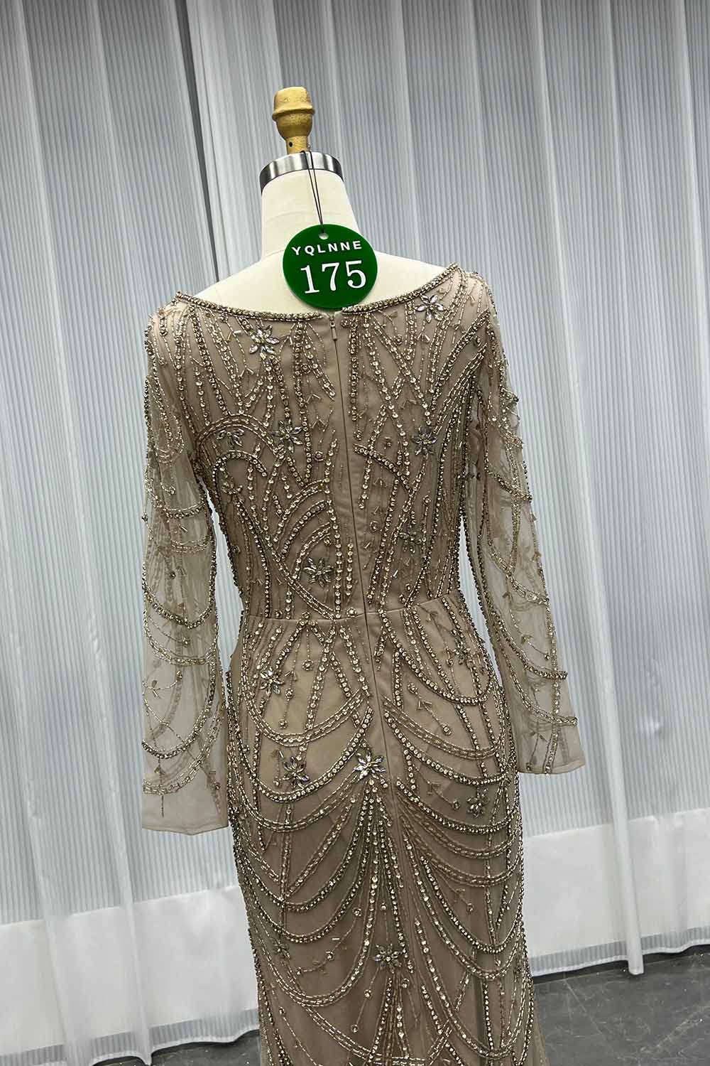 YQLNNE 0175 Nude Square Collar Crystals Beaded Evening Dress With Long Sleeves