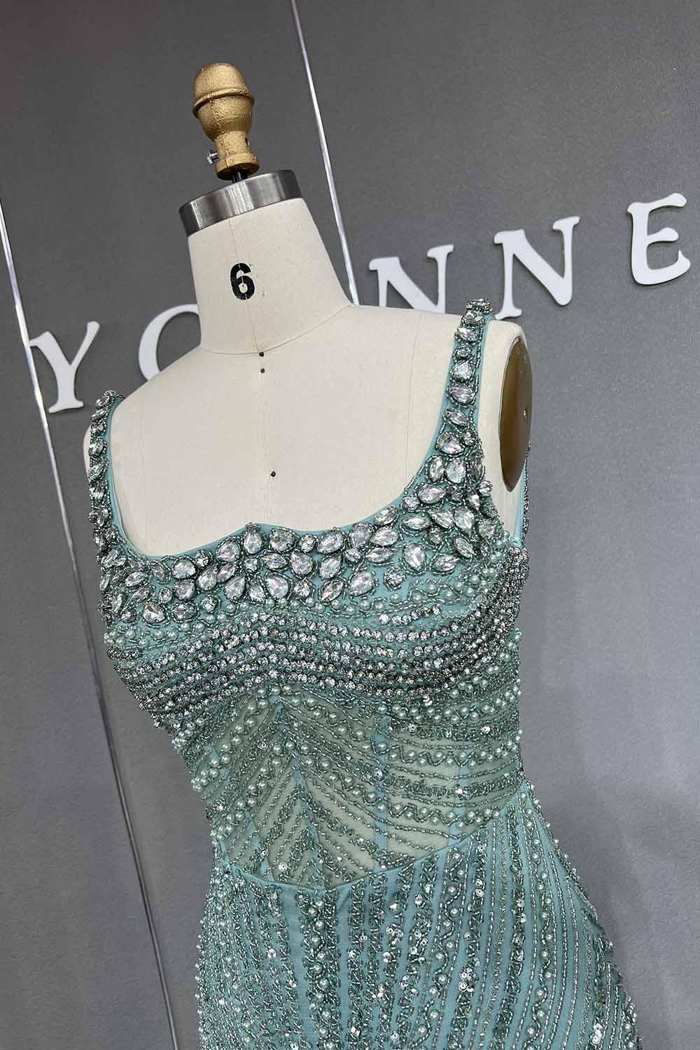 YQLNNE 042 Pink Crystals Beaded Evening Dress Long Mermaid Party Dress with Removeable Train