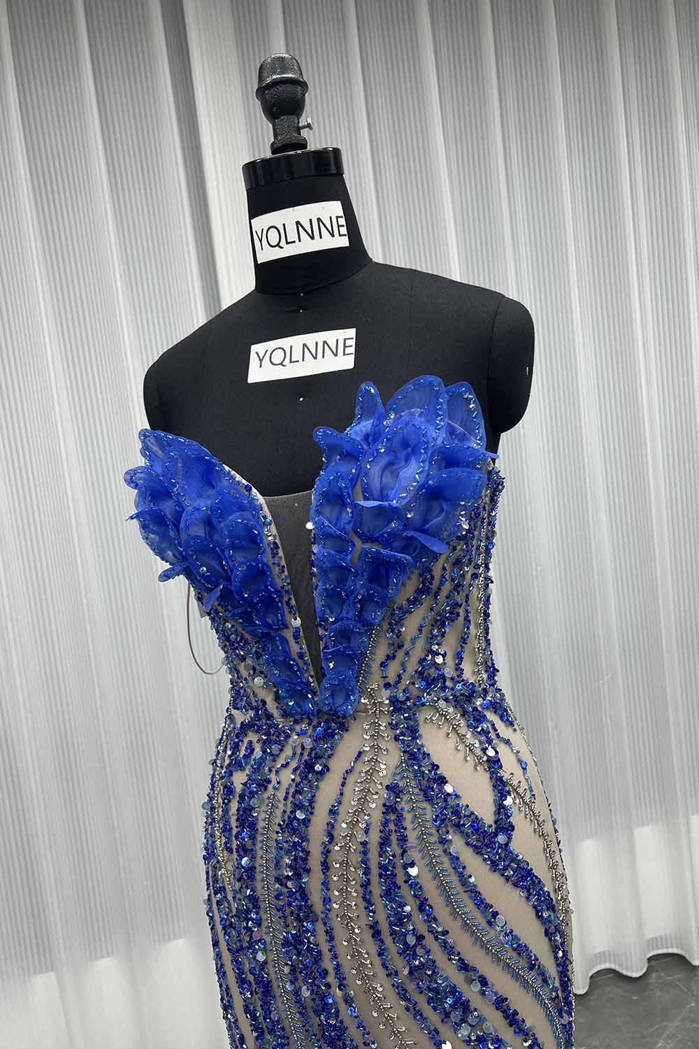 YQLNNE 040 Luxury Blue Crystals Evening Party Gown Pageant Dresses Lace-up