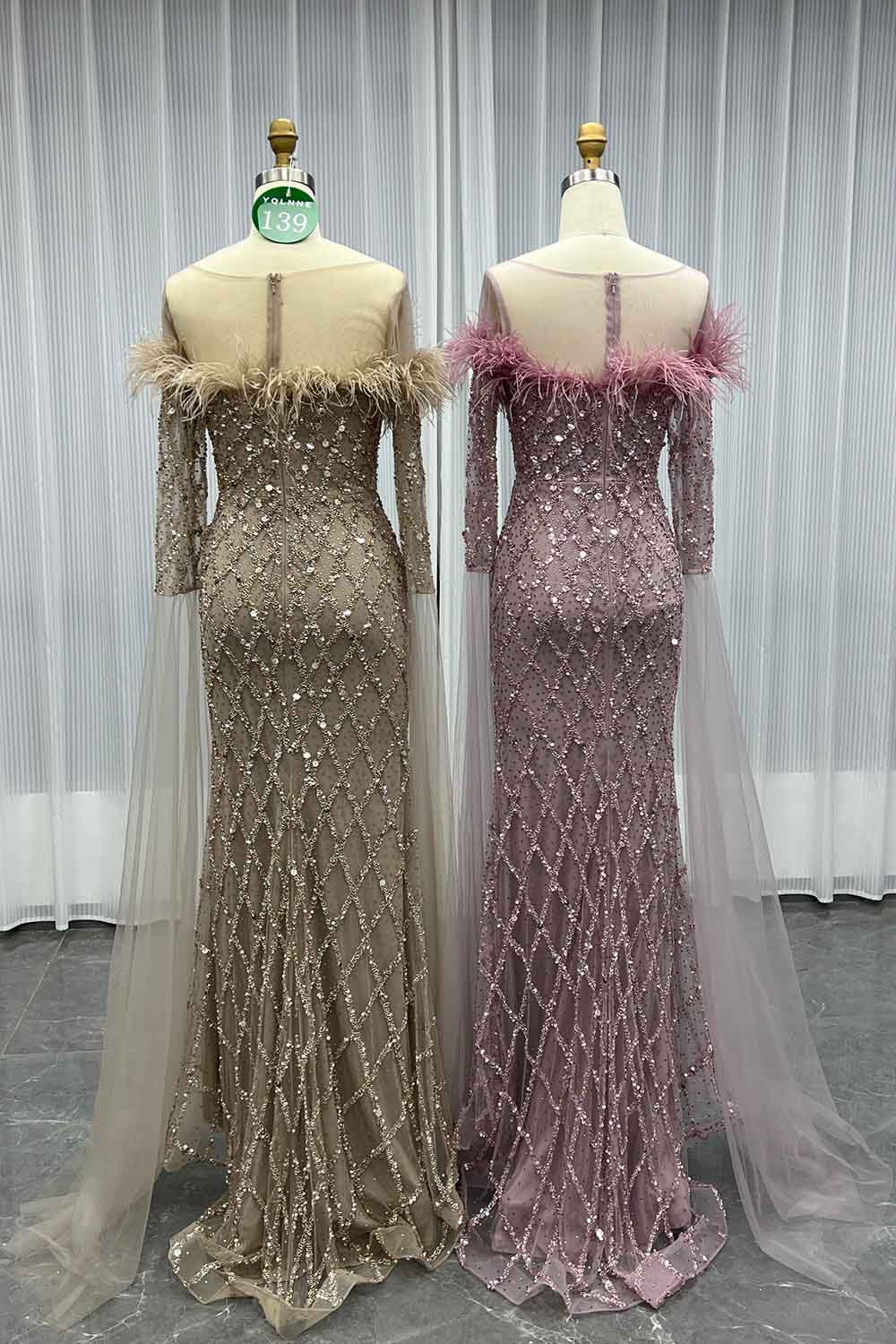 YQLNNE 0139 Nude Feathers Beaded Evening Dress With Sleeves