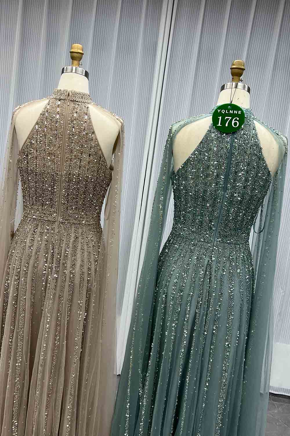 YQLNNE 0176 Sparkly Sage Crystals Evening Dress With Crystals Beaded Cape Sleeves