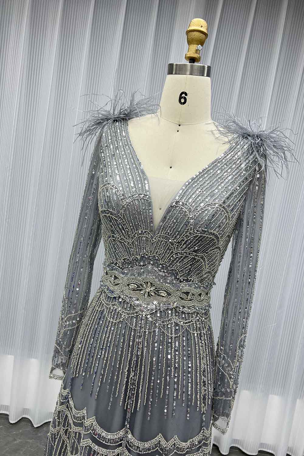 YQLNNE 17007 Muslim Feathers Evening Dress Long Sleeve Women Party Gown