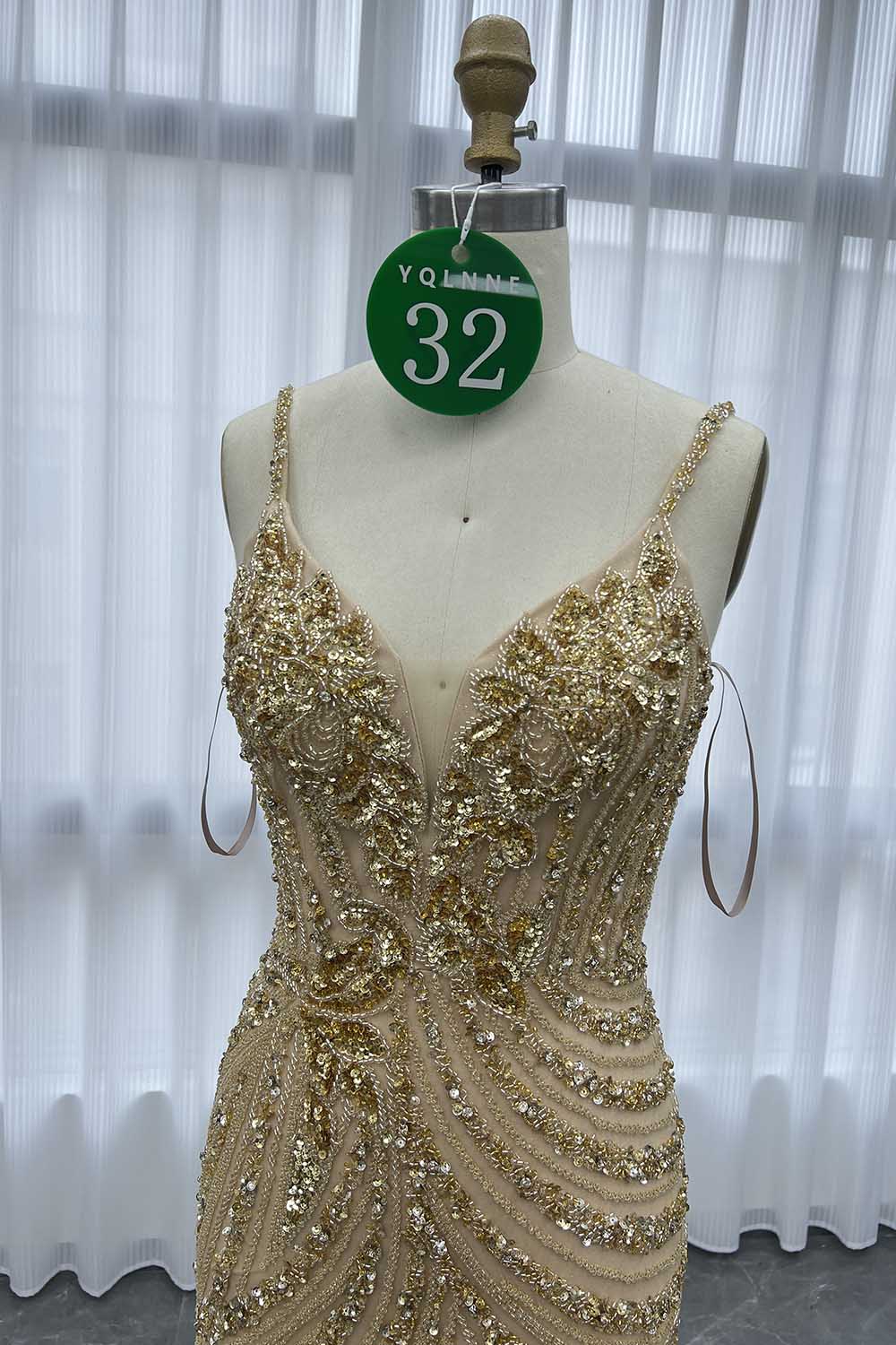 YQLNNE 032 Gold Long Evening Dress Mermaid Handmade Crystals Beaded