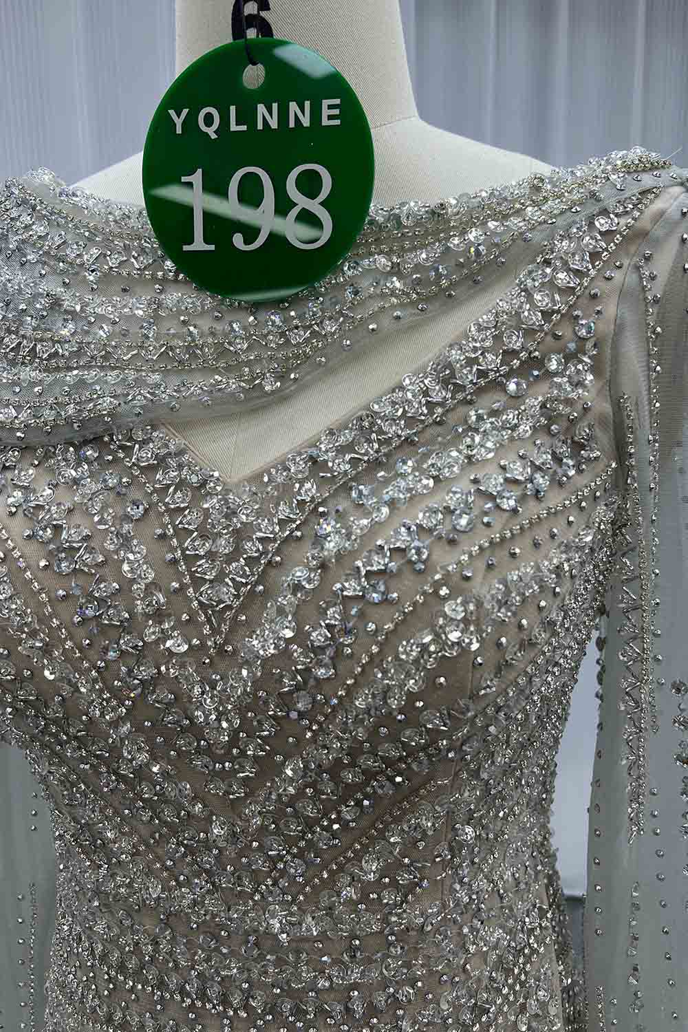 YQLNNE 0198 Silver Nude Crystals Evening Dresses Long Sleeves Gowns