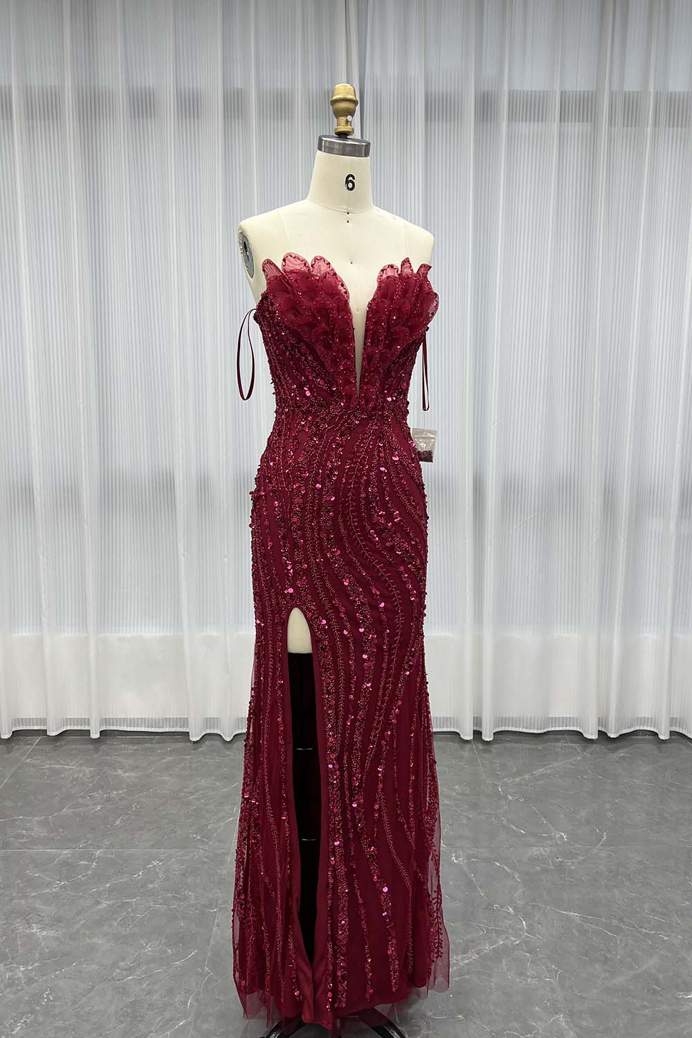 YQLNNE 040 Burgundy Corset Evening Dress Long Slit Handmade Beaded Gown