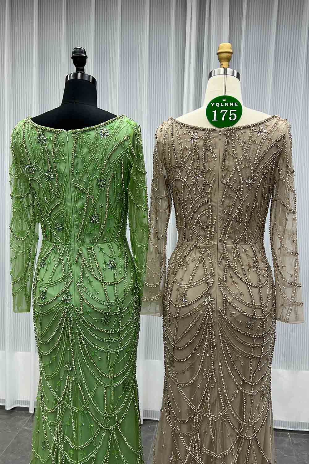 YQLNNE 0175 Nude Square Collar Crystals Beaded Evening Dress With Long Sleeves