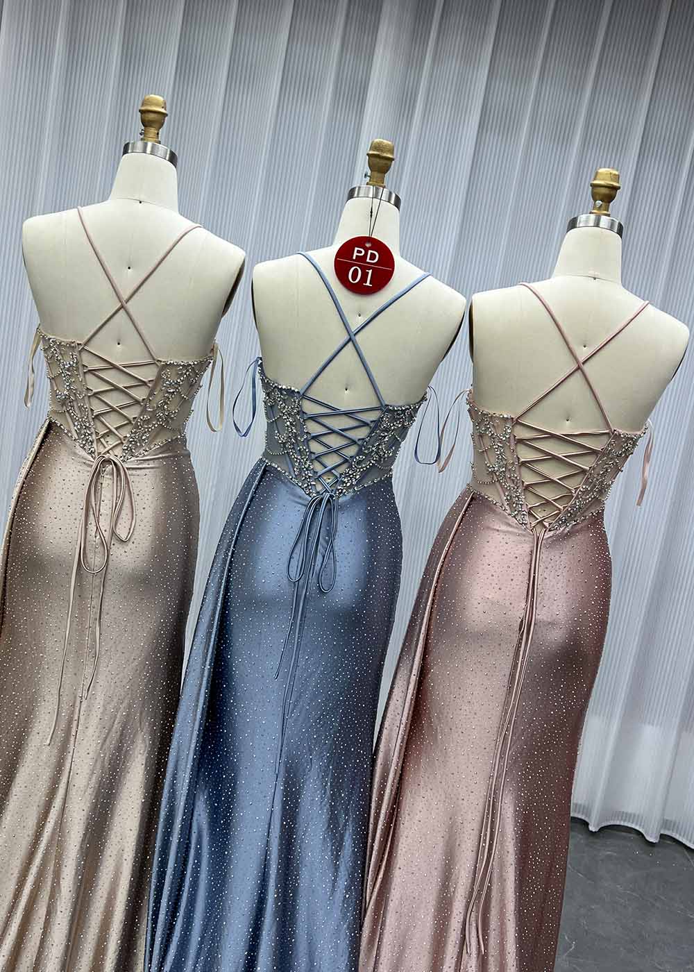 YQLNNE PD01 Champagne Straps Crystals Long Prom Dresses Lace-up Back