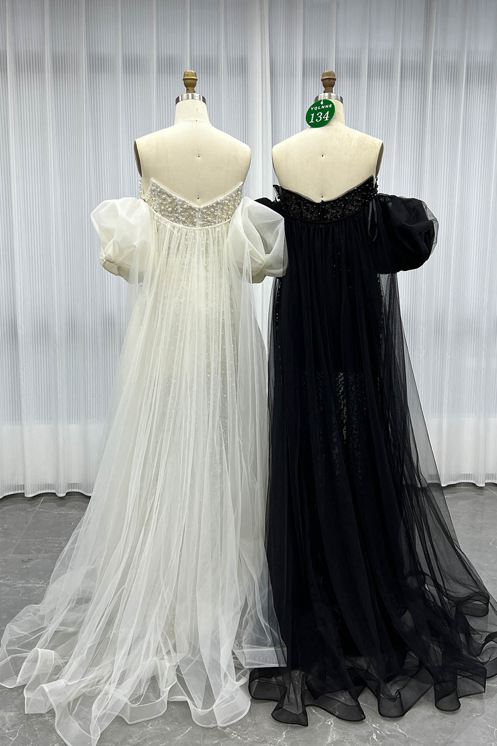 YQLNNE 0134 Black Strapless Beaded Pearls Evening Dress With Removable Sleeves