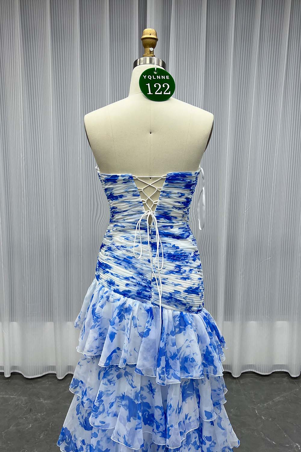 YQLNNE 0122 Pink Print Flowers Long Prom Dress Lace-up