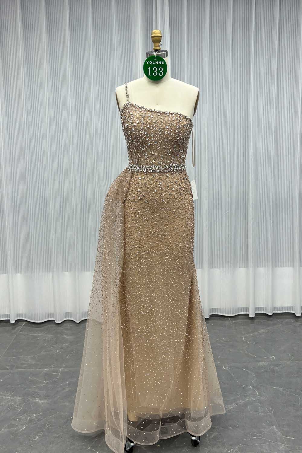 YQLNNE 0133 Rose Gold One Shoulder Crystals Evening Dress With Side Skirt
