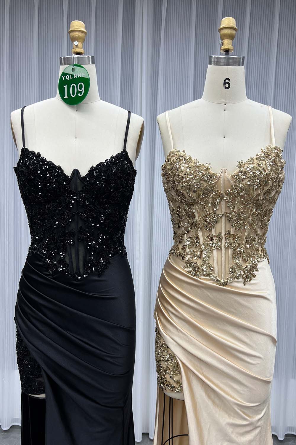 YQLNNE 0109 Gold Long Slit Prom Dress With Beadings