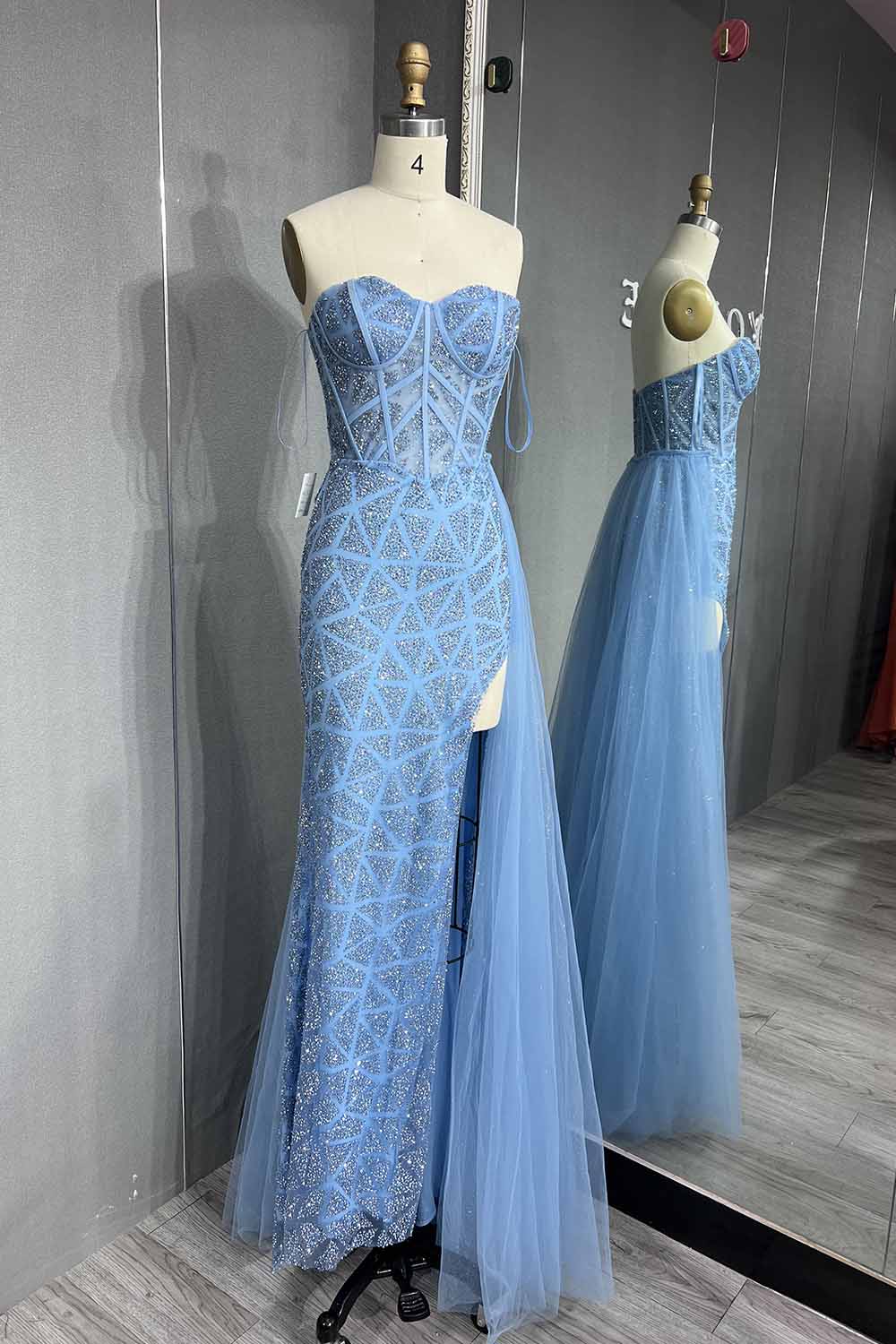 YQLNNE 070 Sparkly Glitter Strapless Long Prom Dress With Removable Train