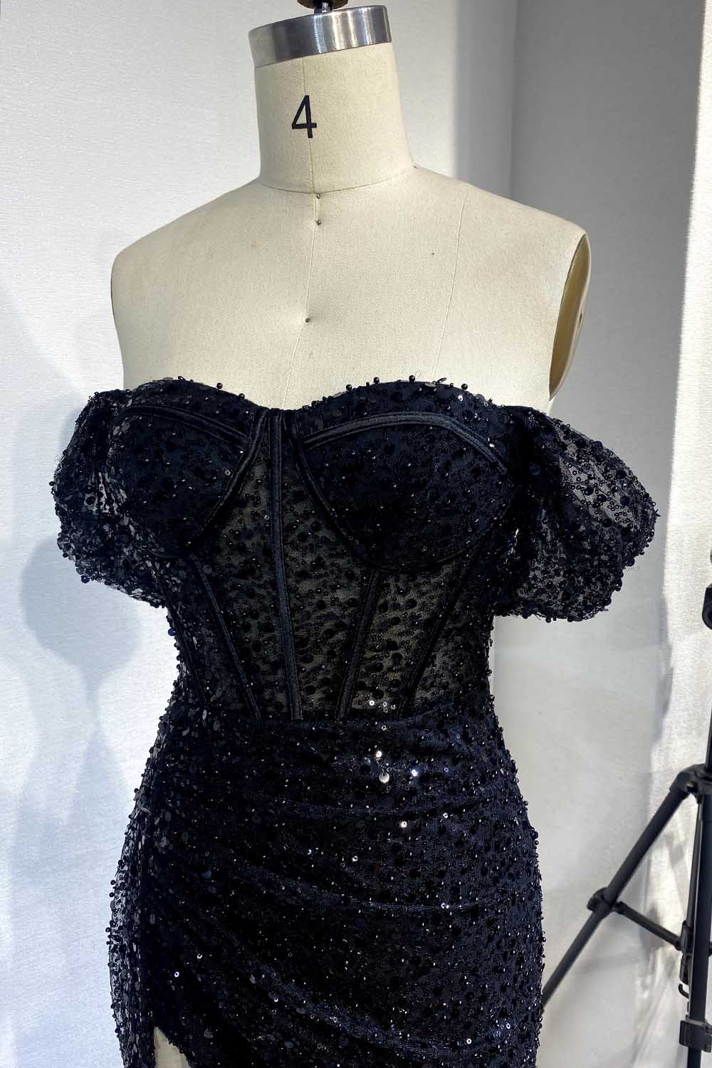 YQLNNE 111 Black Off the Shoulder Evening Dress Sequined Slit Party Gown