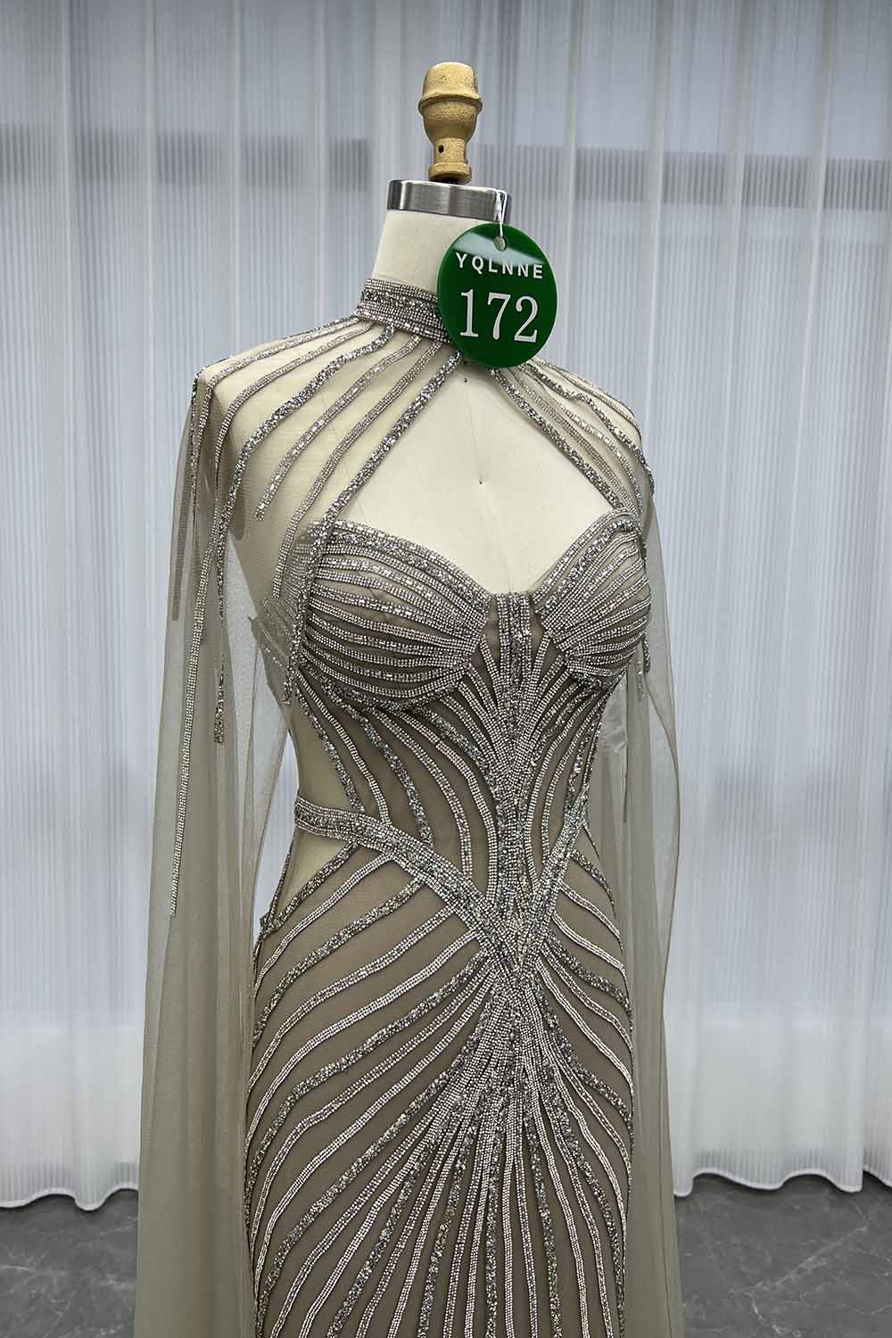 YQLNNE 0172 Blue Crystals Long Evening Dress With Shawl
