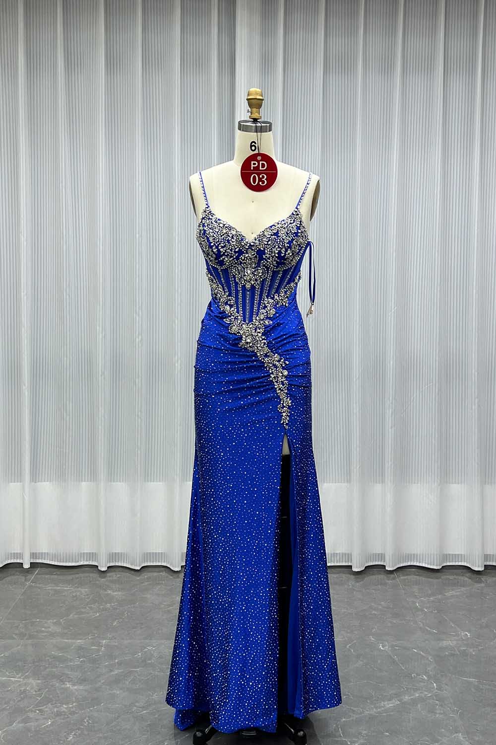 YQLNNE PD03 Navy Crystals Long Prom Dresses Satin Straps