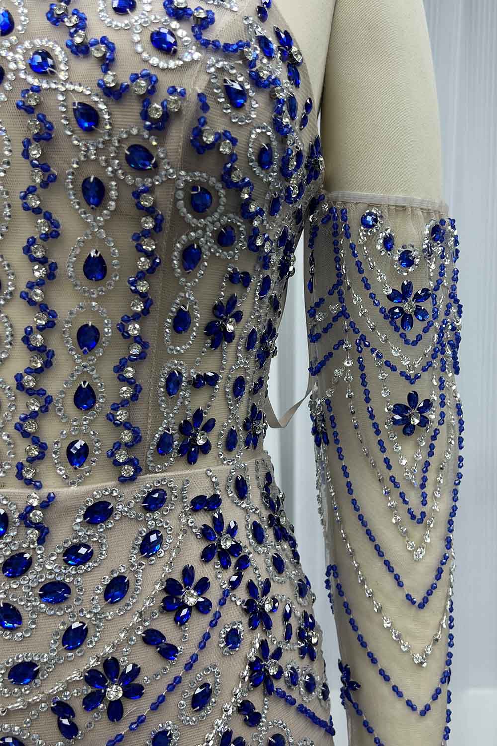 YQLNNE 0143 Blue Crystals Halter Evening Dress Mermaid Beaded Gown