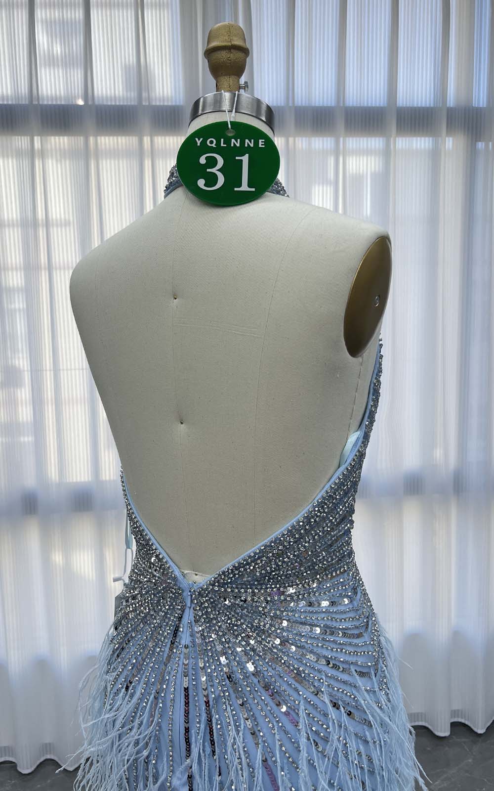 YQLNNE 031 Sky Blue Feathers Crystals Evening Dress Halter