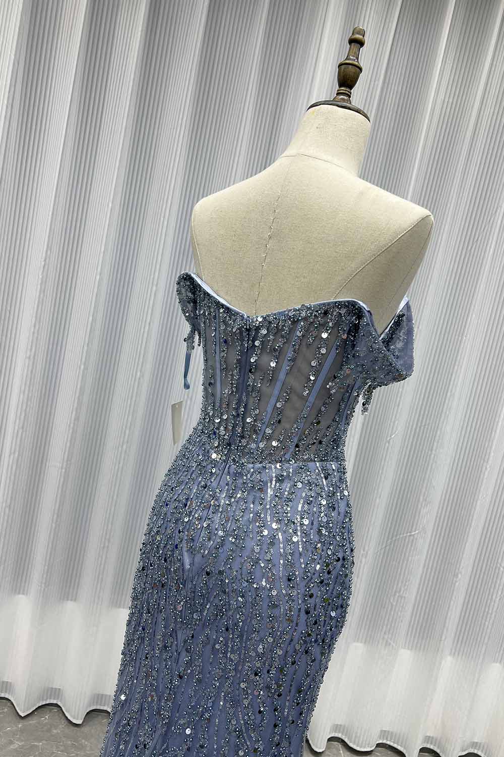 YQLNNE 08 Sliver Off The Shoulder Long Prom Dresses Slit Sequined Beaded Women Party Dress