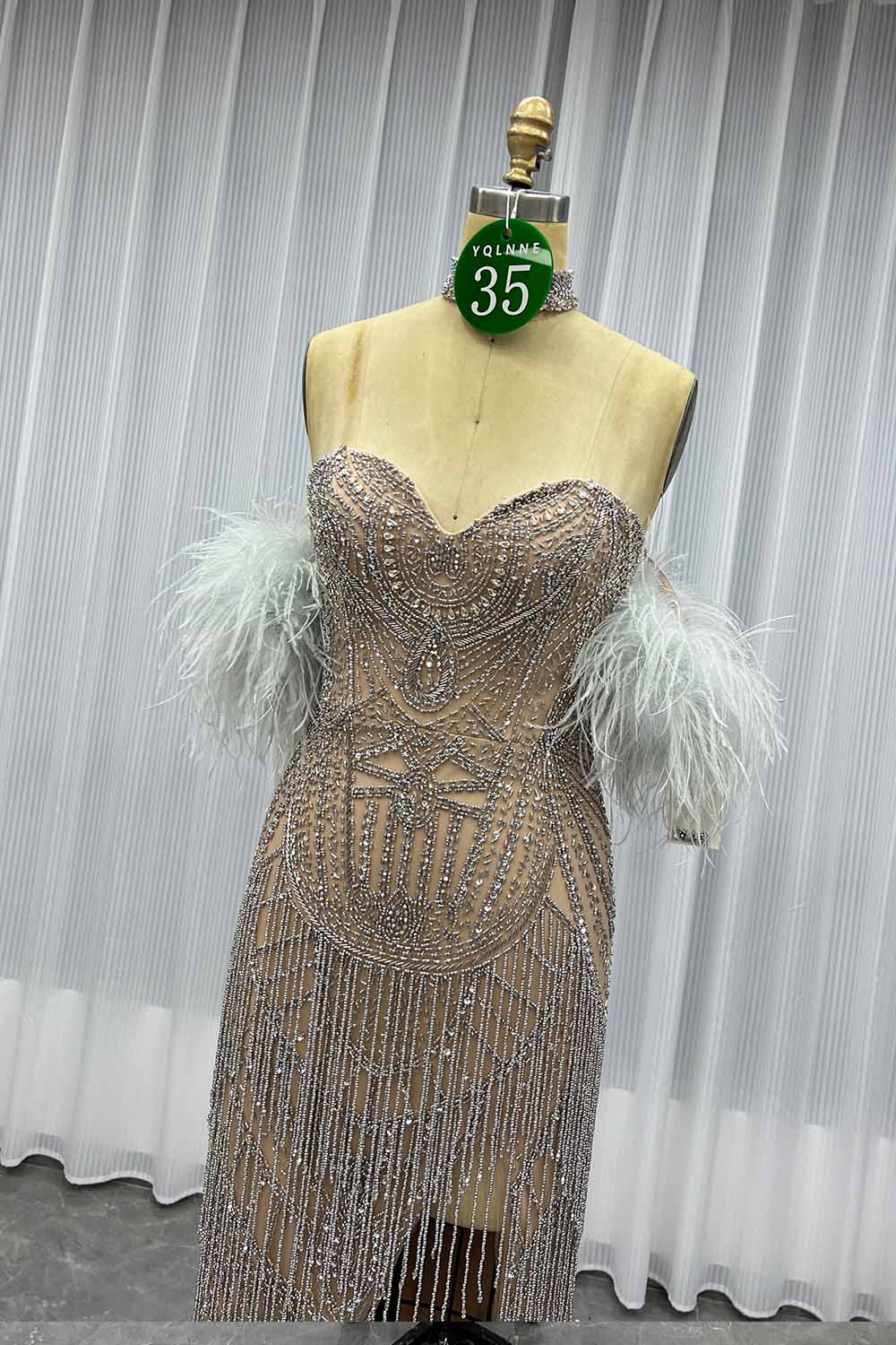 YQLNNE 035 Burgundy Feathers Slit Evening Dress With Handmade Crystals Beaded
