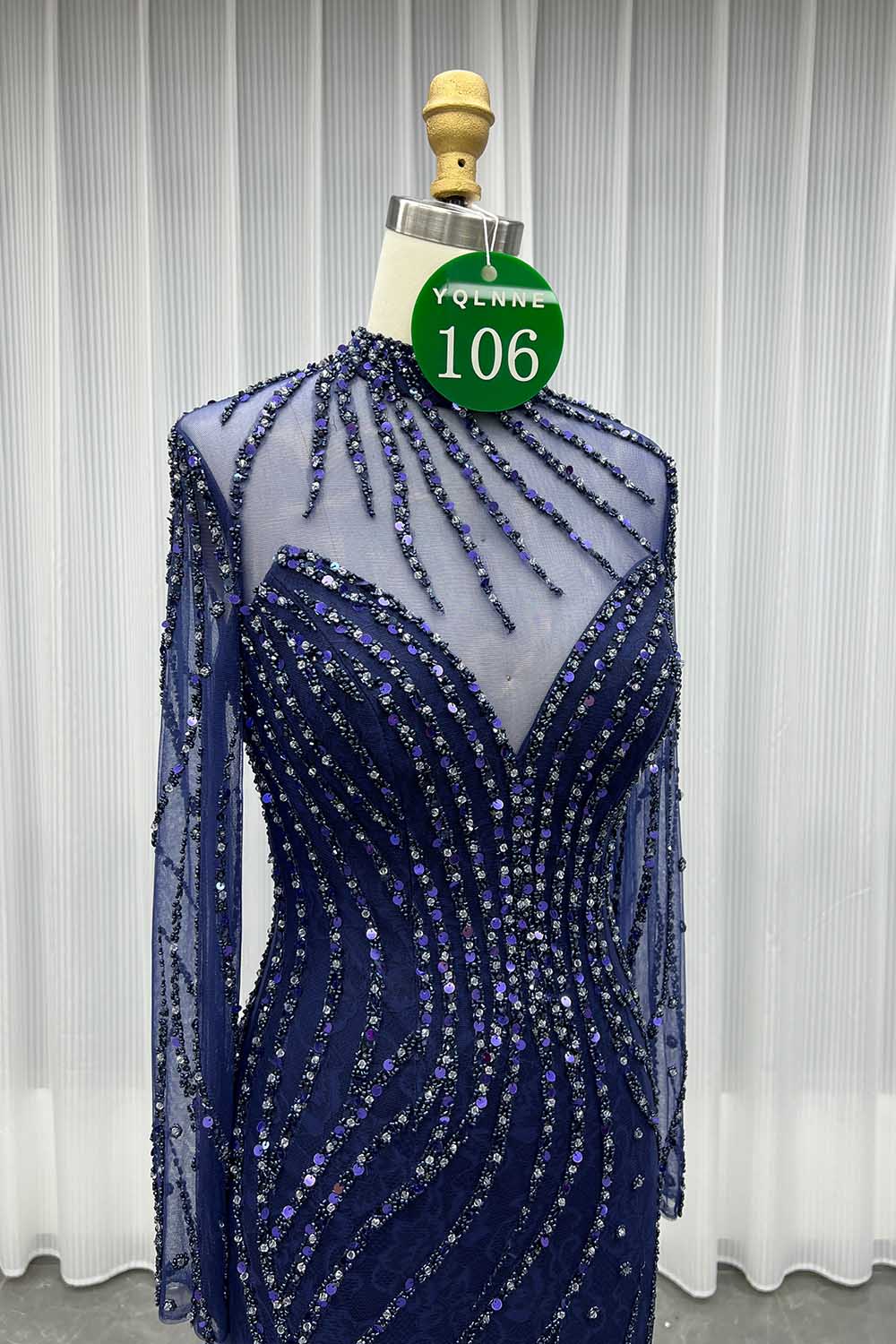 YQLNNE 0106 Modest Navy Long Sleeve Evening Dress Formal Party Gown