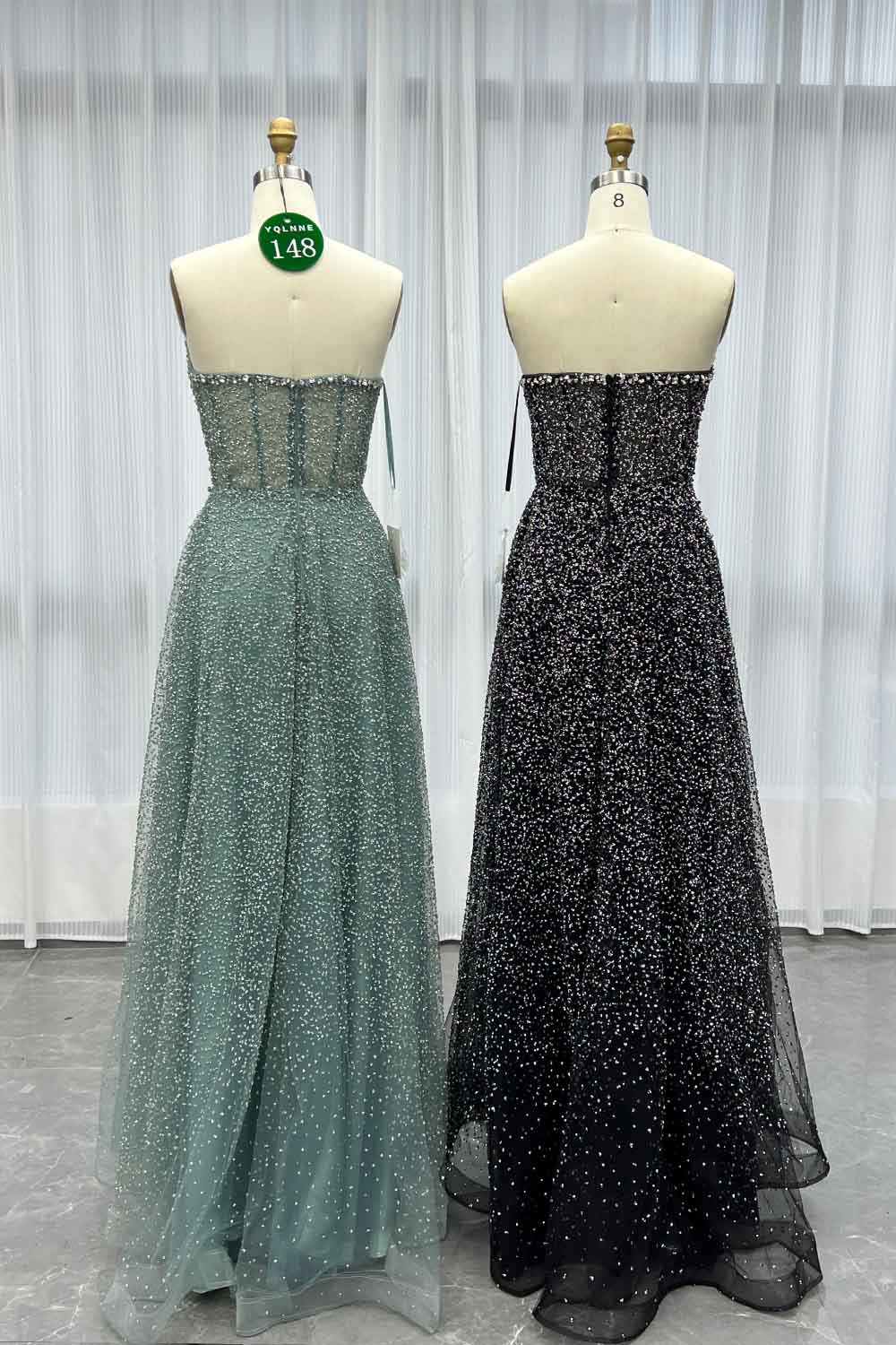 YQLNNE 0148 Black Glitter Crystals Long Prom Dress Aline