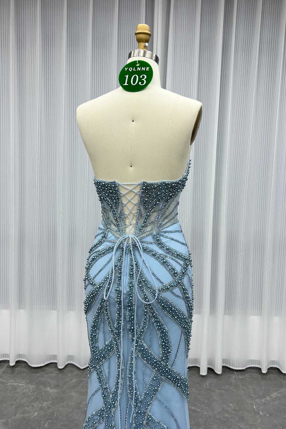 YQLNNE 0103 Blue Strapless Crystals Pearls Prom Dress Long Party Gown