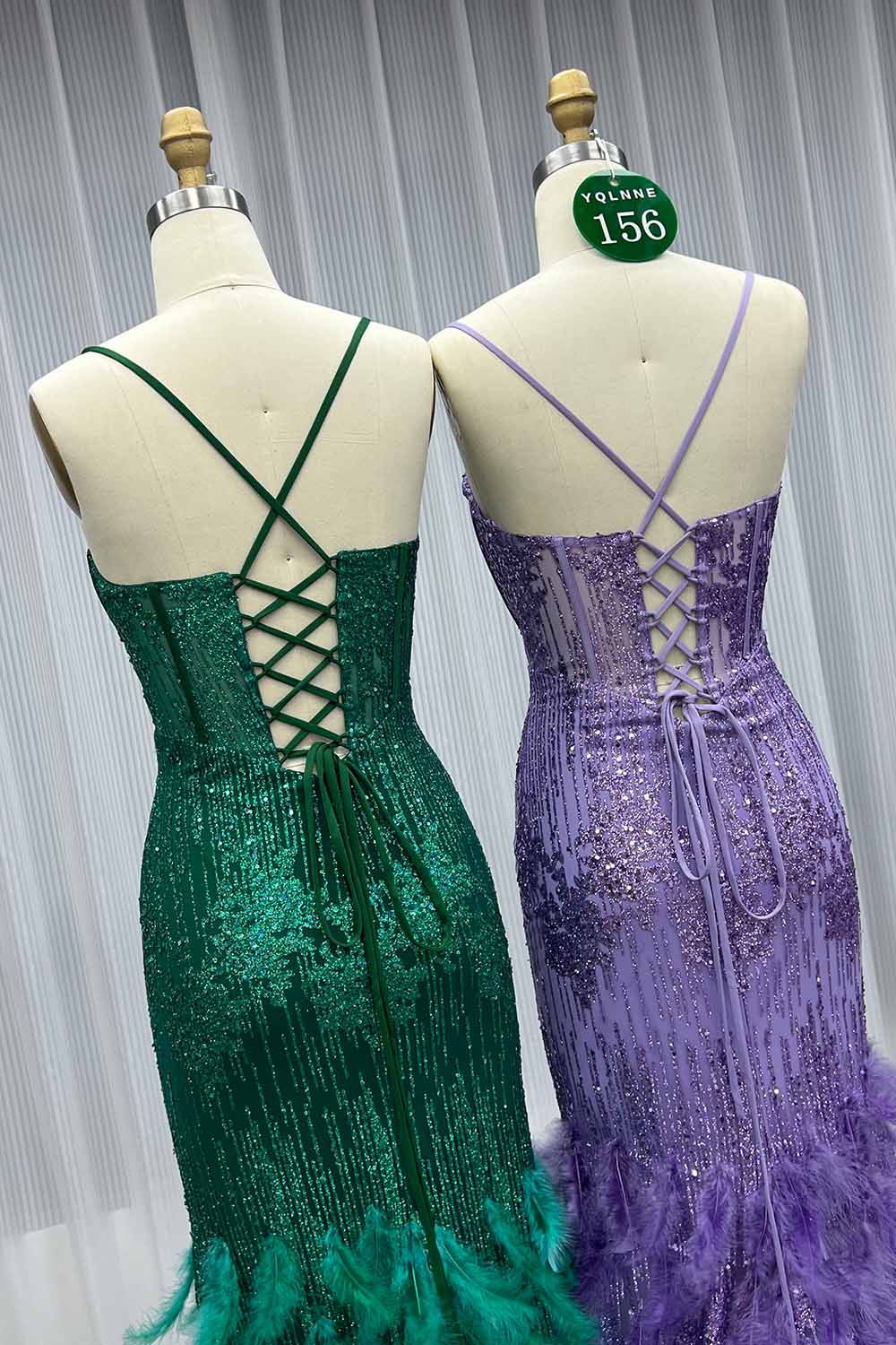 YQLNNE 0156 Sparkly Green Glitter Feathers Prom Dresses Lace-up Party Gown