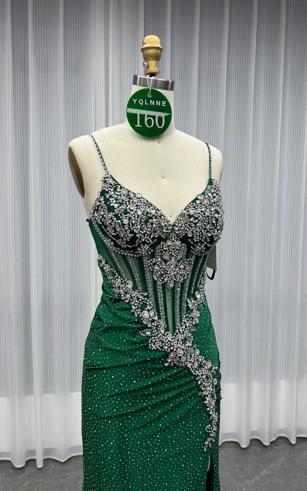 YQLNNE 0160 Dark Green Crystals Beaded Long Prom Dress Lace-up