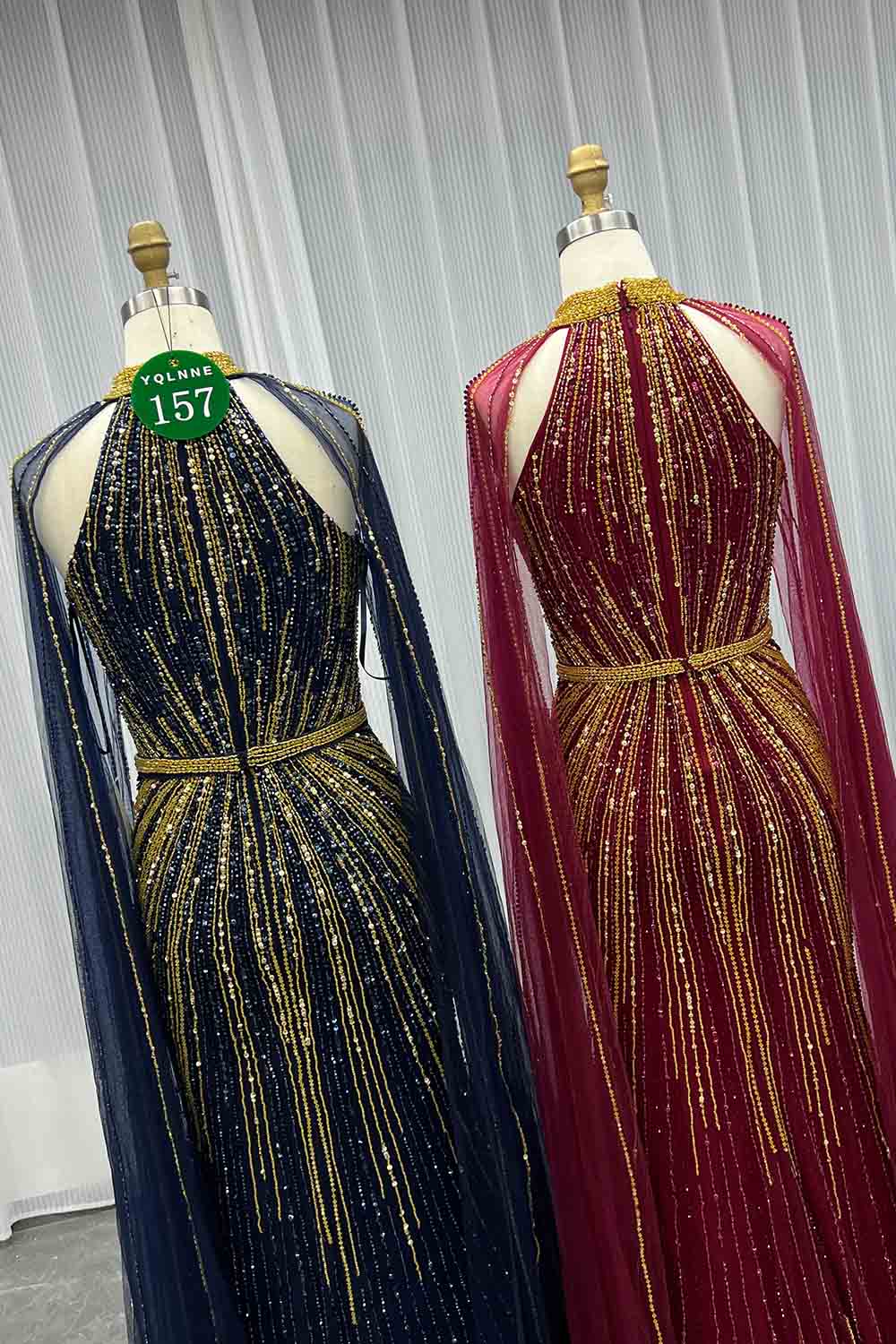 YQLNNE 0157 Navy High Collar Evening Dress With Handmade Crystals Beaded
