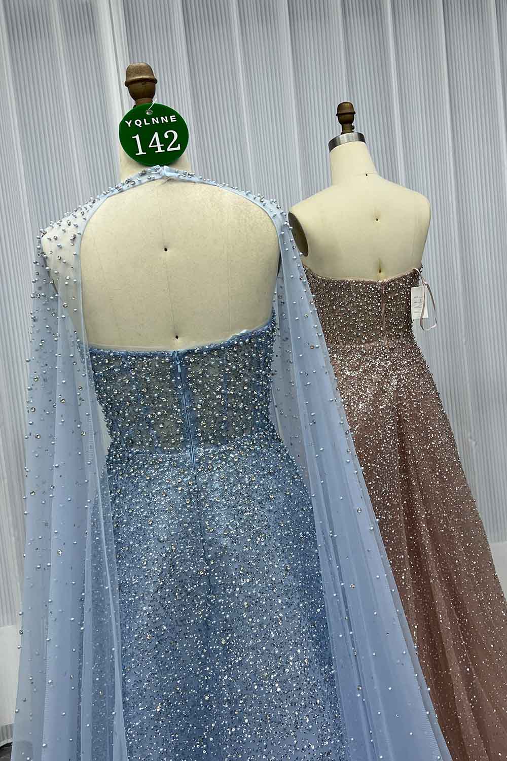 YQLNNE 0142 Rose Gold Ball Gown Evening Dress With Removable Cape Handmade Crystals Beaded