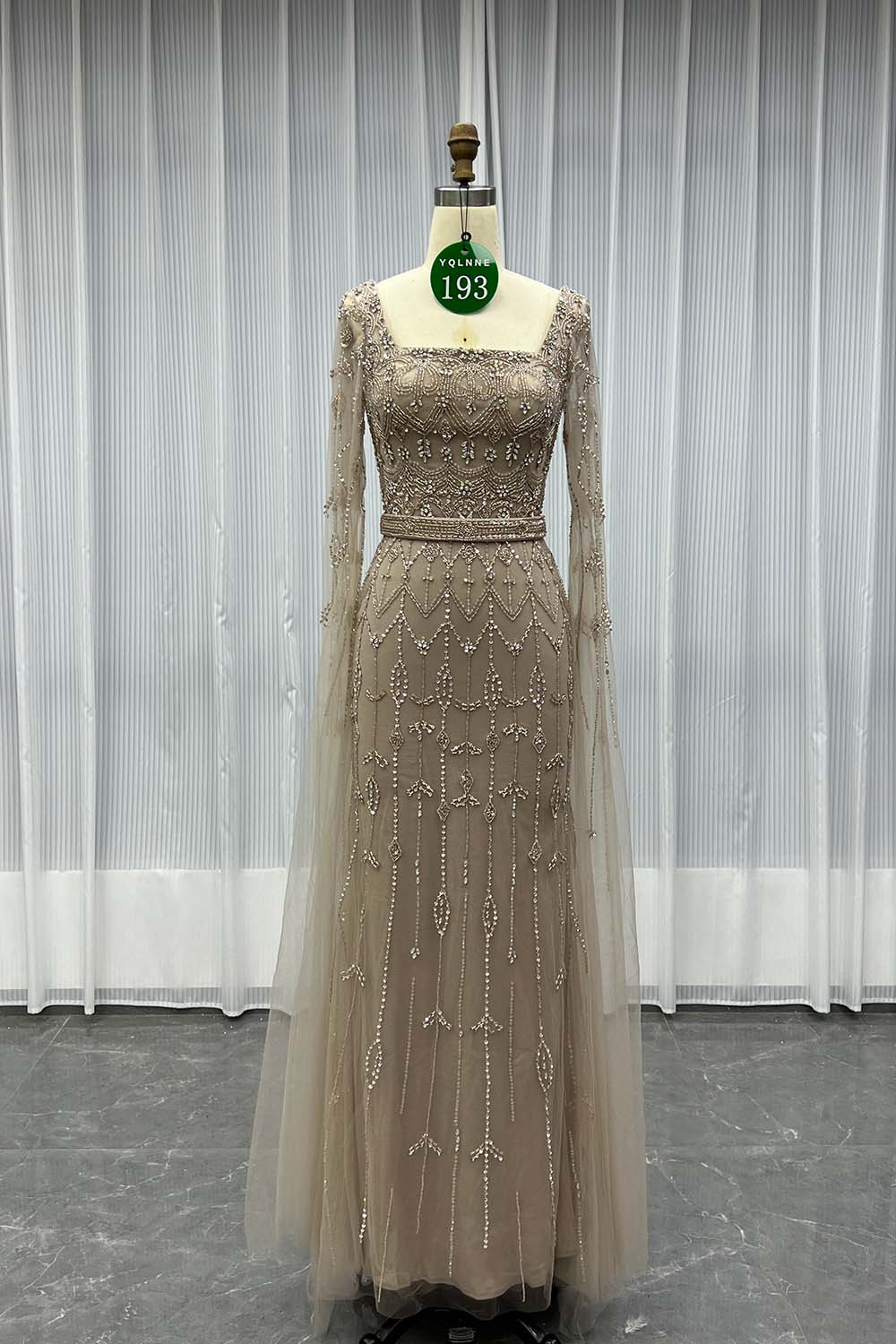 YQLNNE 0193 Modest Nude Square Collar Evening Dress With Handmade Crystals Beaded