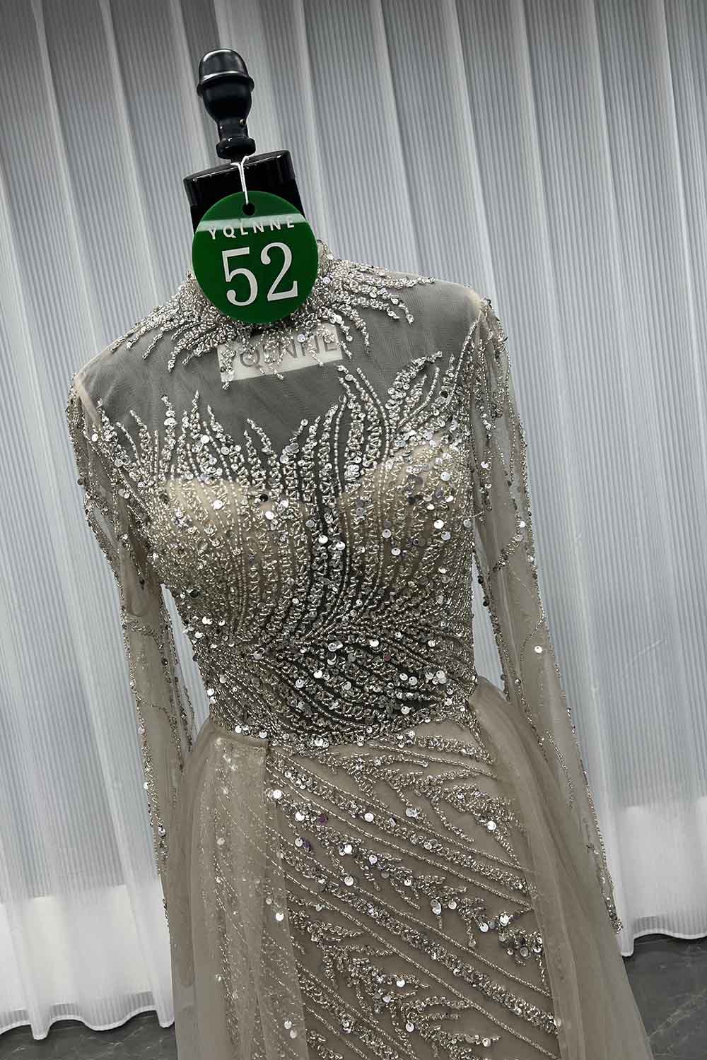 YQLNNE 052 Nude Long Sleeves Beaded Evening Dress With Removable Skirt