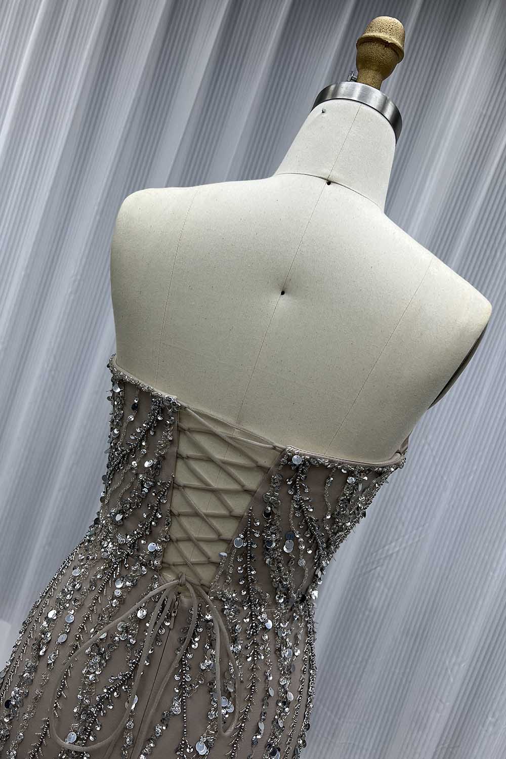 YQLNNE 040 Nude Strapless Long Evening Dress Crystals Beaded Formal Gown